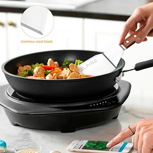 Miniatura 4 de QILIYINI Paquete de 2 espátulas de acero inoxidable  Espátula de metal resistente para cuchara de cocina  Ideal para sartén, plancha y parrillas