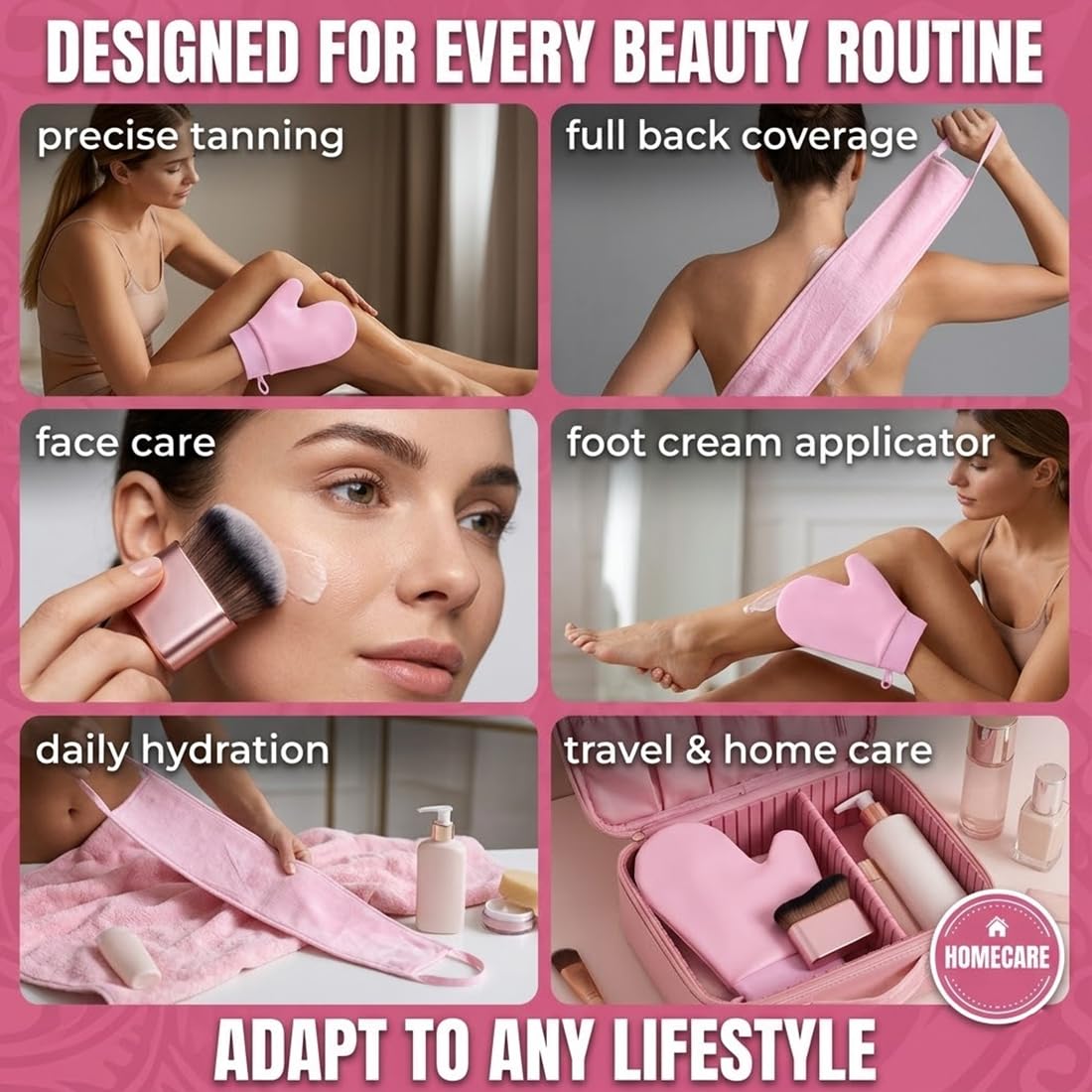 Guanti Autoabbronzante 3 Pezzi, Applicatore per Crema Abbronzante Faccia e Corpo, Guanti Riutilizzabili per un'Abbronzatura Uniforme e Naturale, Facili da Usare e Lavare per Uomo e Donna, Rosa