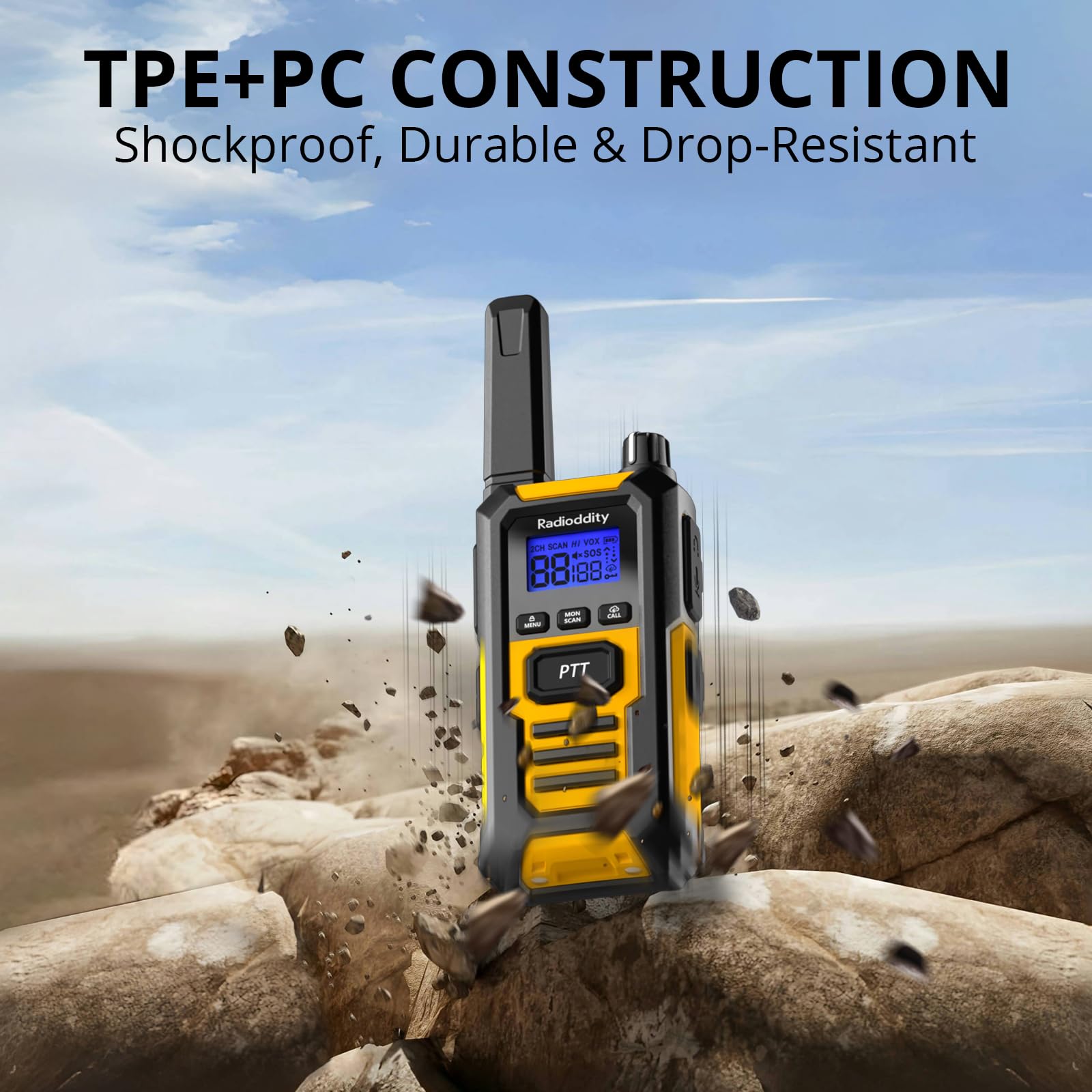 Radioddity HD-1 Talkie-Walkie IP67 étanche, Ensemble PMR Radios Robustes Longue portée, résistant à la poussière et aux Chocs, Appel de Groupe à Une Touche, SOS, Charge Via Base & USB-C (4 pièces)