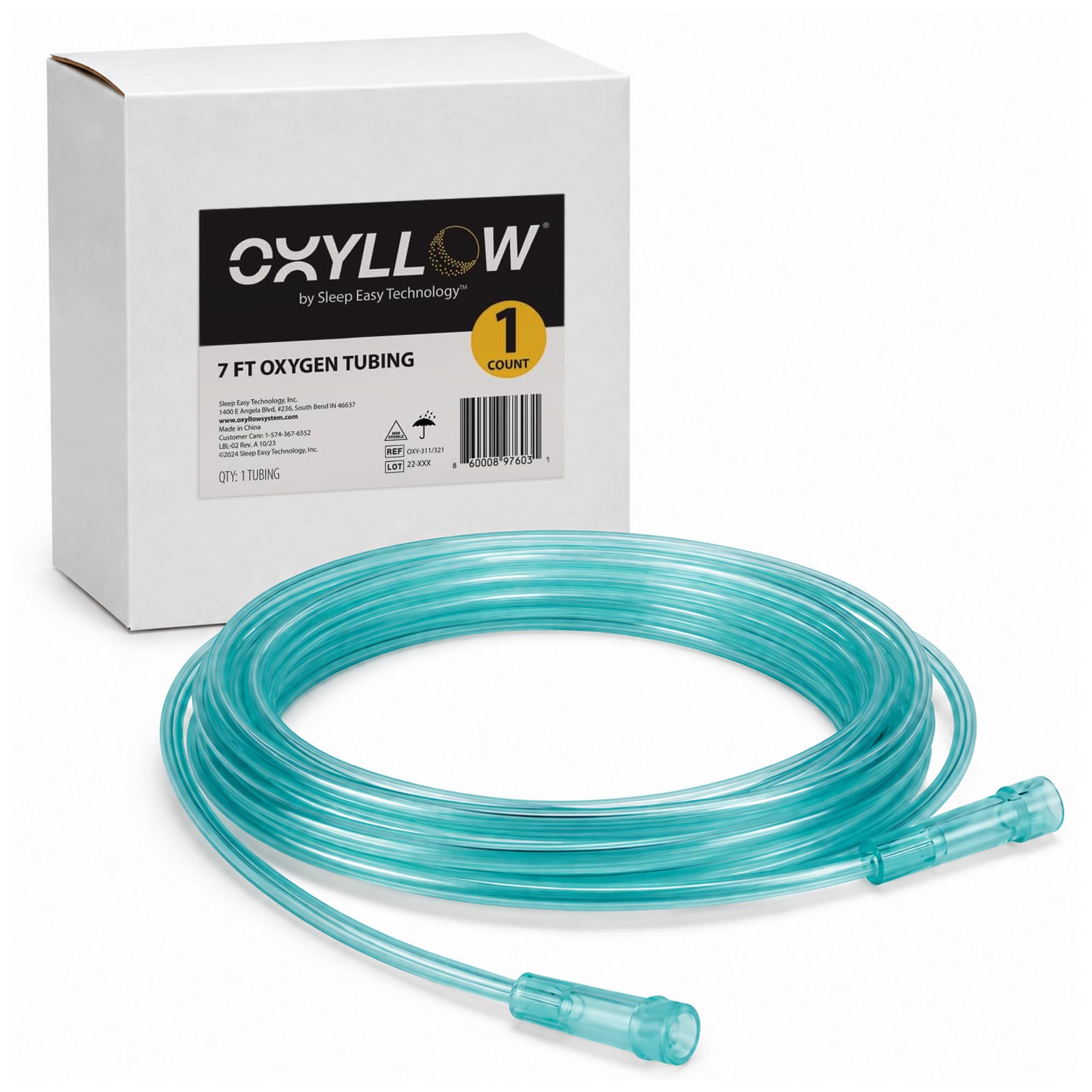 Oxyllow Oxygen Tubing 7 Ft | Kink-Resistant Six-Channel Medical Grade Tubing | High-Visibility Green | Universal End Connectors | Latex-Free | 1-Count | for Sleep and Mobility