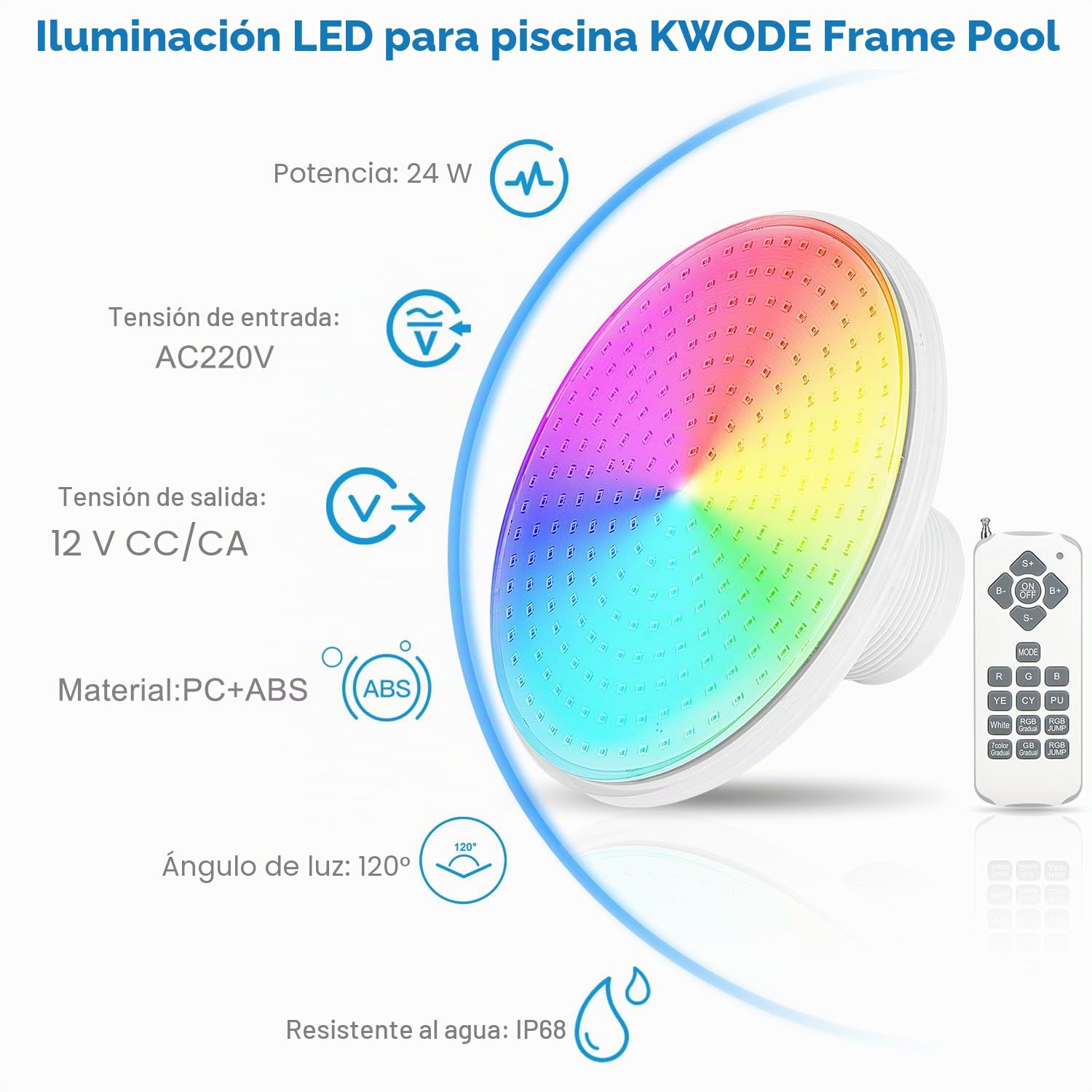 Iluminación LED para piscina sumergible para piscina desmontable, iluminación RGB de 24W con atenuación, iluminación de piscina con mando a distancia, foco LED sumergible de 12V con cable de 7m