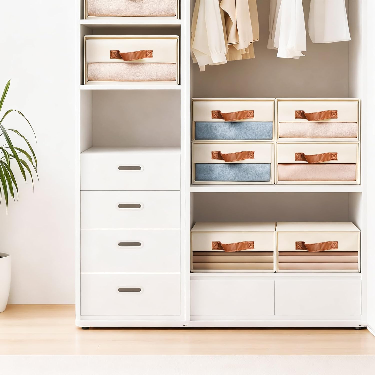 4 Pack Clear Storage Drawers Closet Organizers and Storage Fabric Bins with Drawers for Closet Foldable Clothes Organizers with Clear Window for Bedroom Living Room Beige