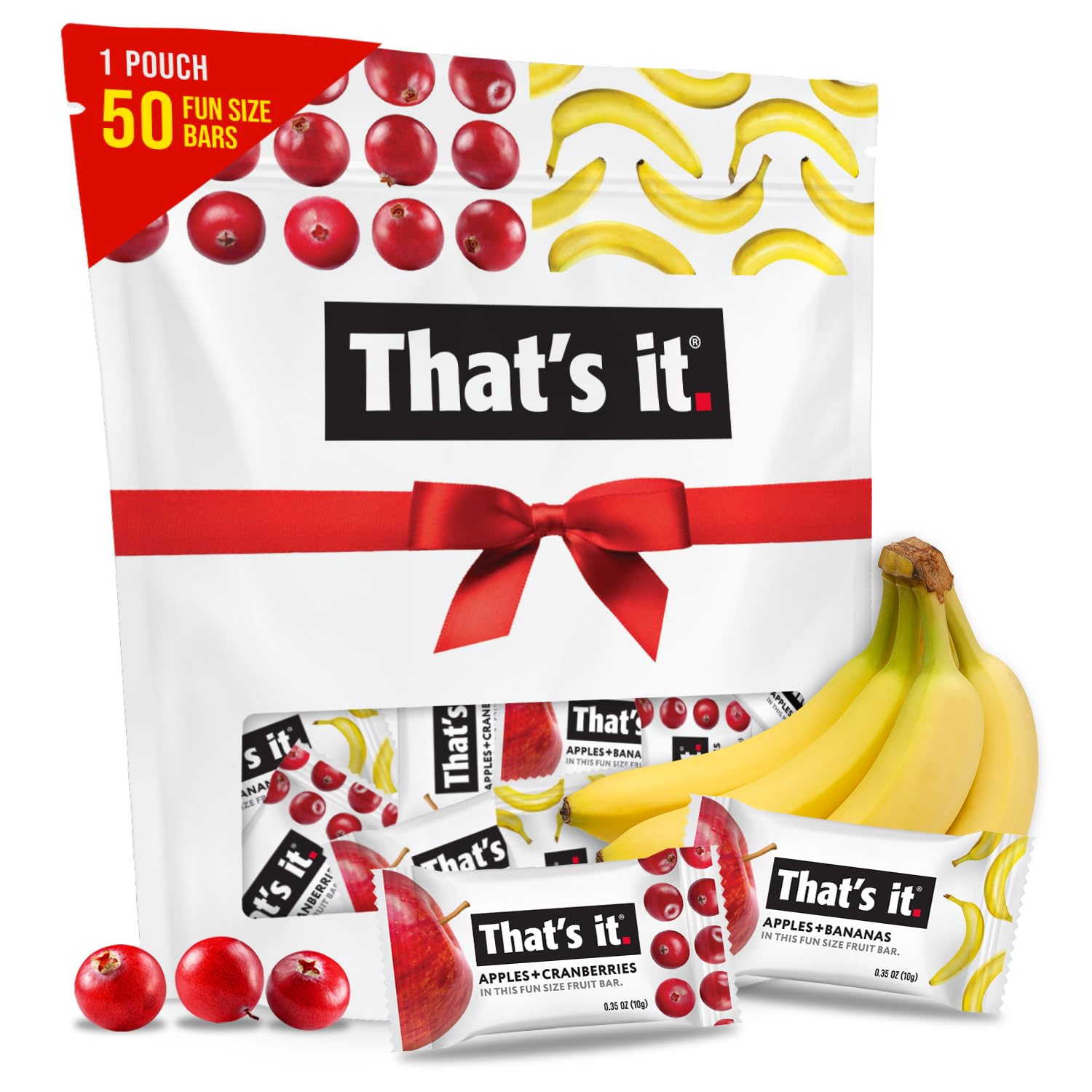 That's it. That's it. Fun Size Fruit Bars Variety Pack(50 Pieces, 10g Each) With Apples + Bananas, Apples + Cranberries, Non-GMO, Paleo and Kosher Friendly, Gluten Free Breakfast Snacks