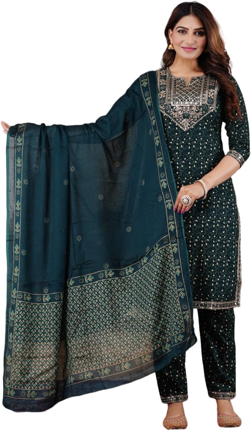 Women's Ethnic Wear Rayon Straight Embridered Kurti Pant Set with Dupatta