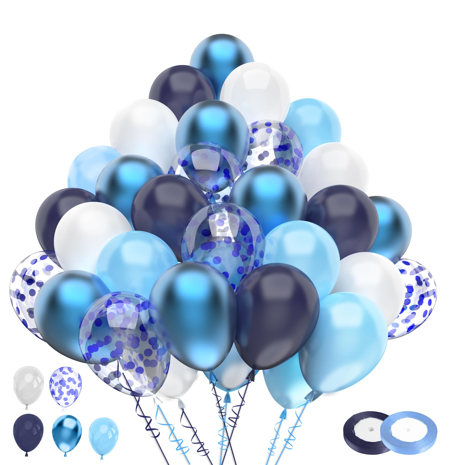 Blue White Metallic Balloon Set,100pcs 12 Inch Navy Pastel Pearl Blue Glitter Confetti Latex Balloons Kit for Baby Shower, Wedding, Birthday Party