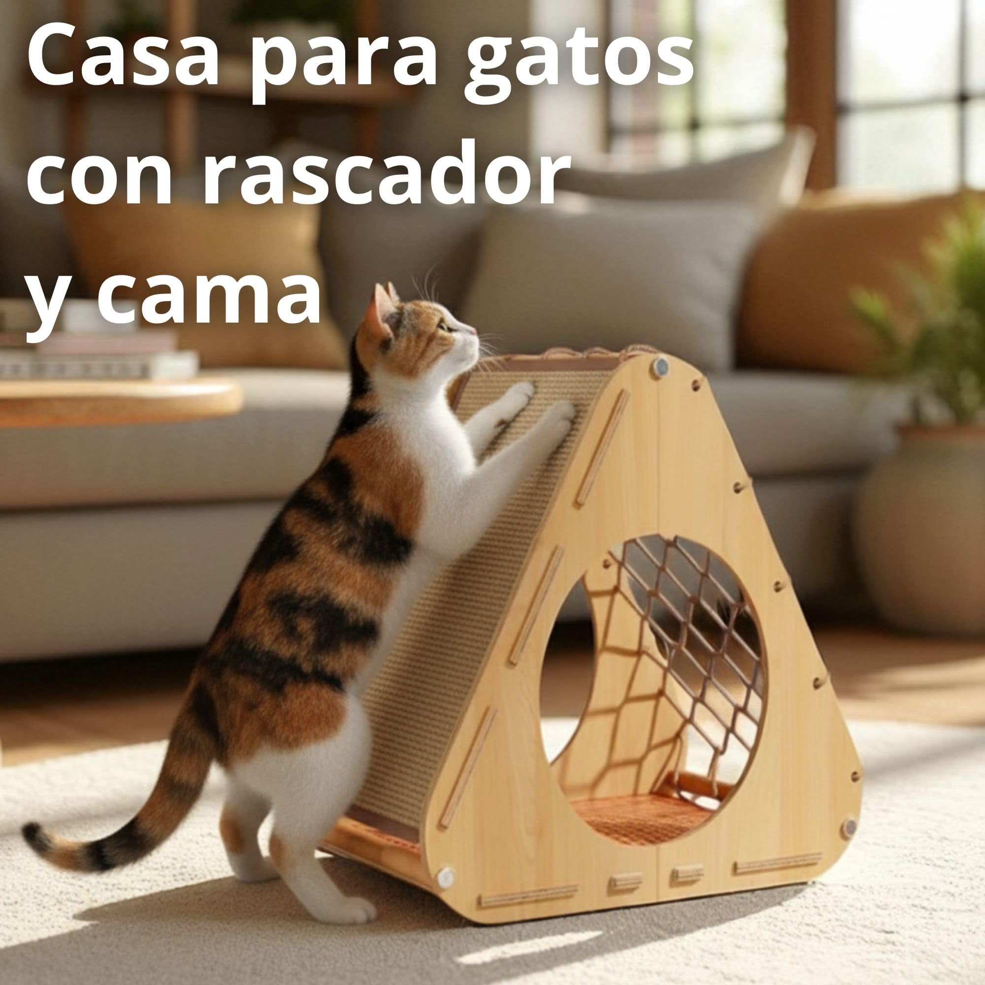 Casa para Gatos Interior Aurea con Rascador de Sisal Natural y Red de Escalada | Refugio con Cama Acolchada Postes de Rascado y Plataforma | ALTHEA LIVING
