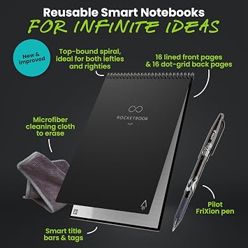 Rocketbook Flip Reusable Smart Notepad, Top Bound Notebook Executive Size 6x8.8, Black - Lined and Dotted Pages, App-Connected, Erasable, Ideal for Righties and Lefties