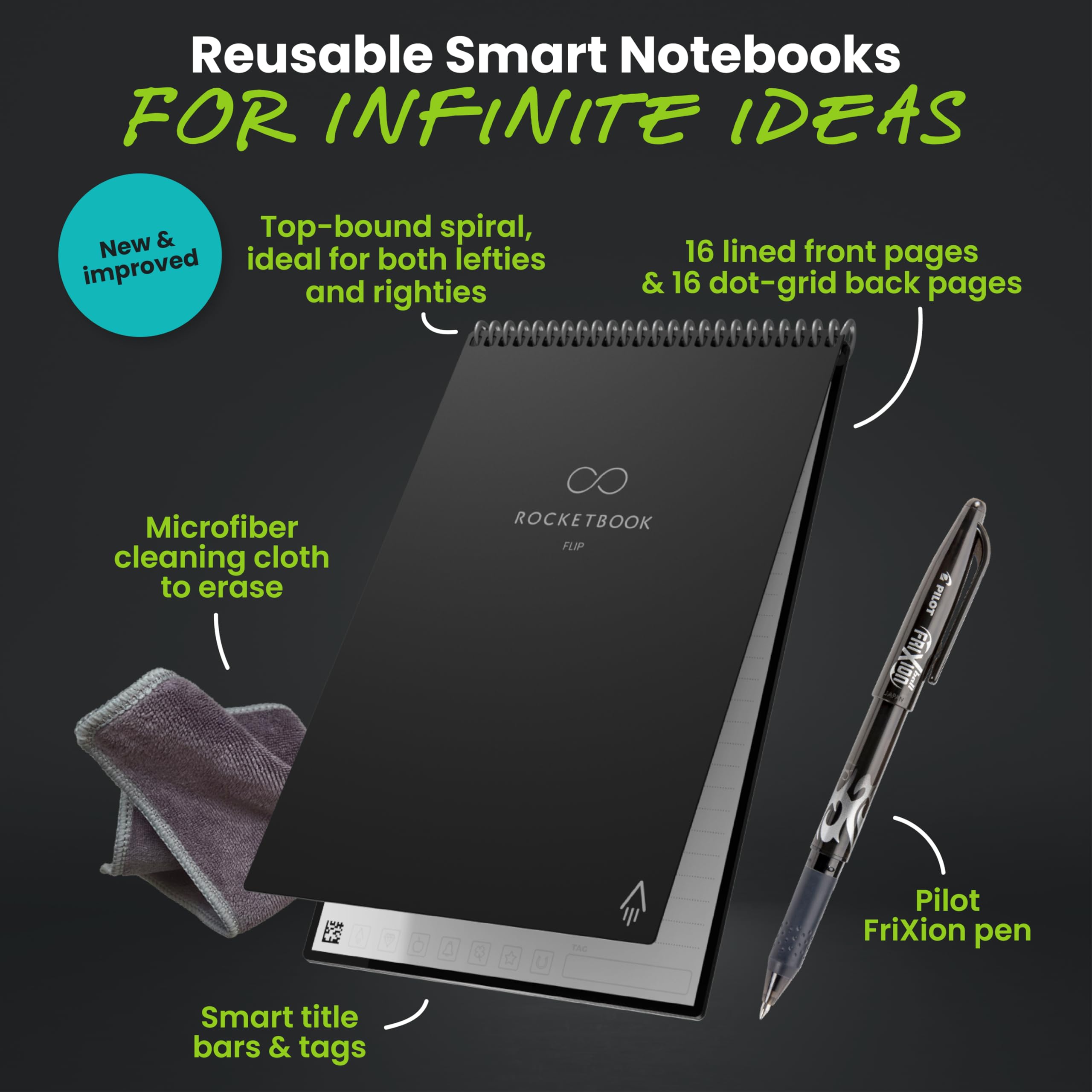 Rocketbook Wiederverwendbarer Smart-Notizblock, oben gebundenes Notizbuch, Briefgröße 21,6 x 27,9 cm, schwarz – linierte und gepunktete Seiten, App-verbunden, löschbar, ideal für Rechts- und