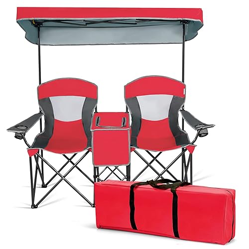 S AFSTAR Double Camping Chair w/Shade Canopy, 2-Person Folding Camp and Beach Chair with Mini Table Beverage Cup Holder Carrying Bag for Garden Patio Pool Beach, Red - Red