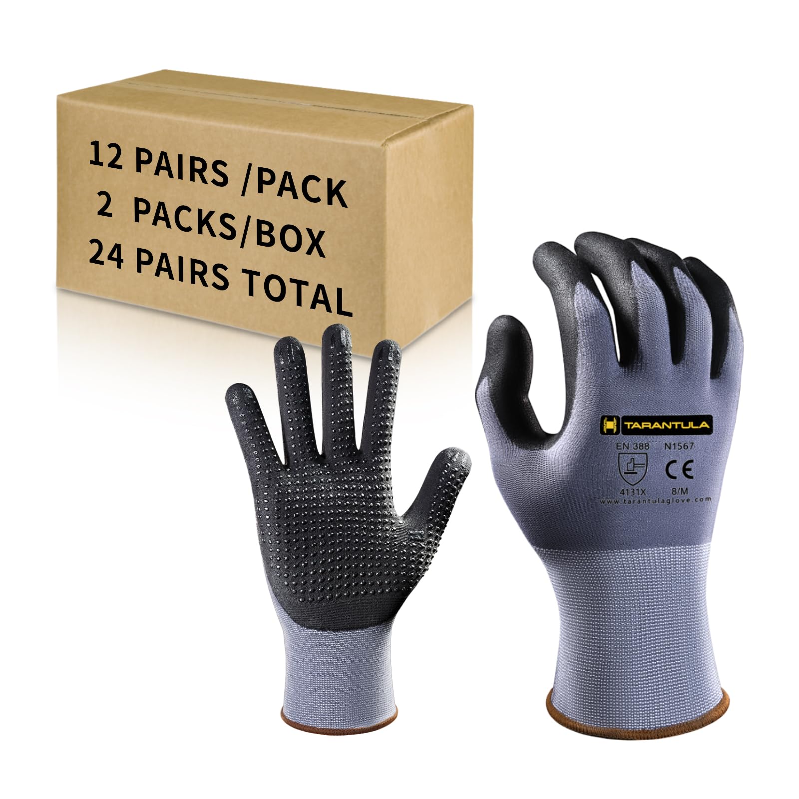 Tarantula Safety Work Gloves MicroFoam Nitrile Coated 24 Pairs,Endurance Seamless Knit Nylon,Dots on Palm,Dot Grip Gloves,Lagre