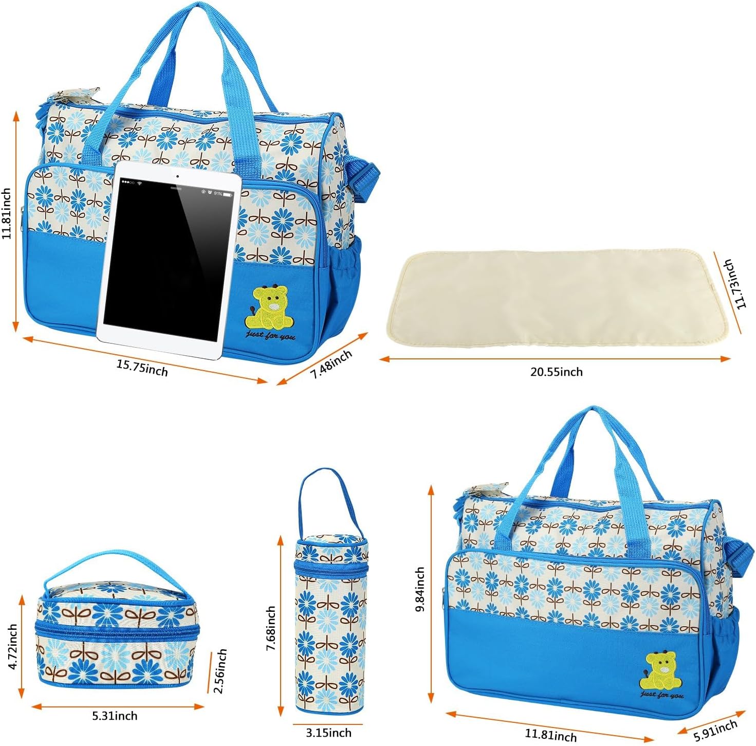 5-Pack Mummy Diaper Shoulder Bag Set w/Changing Pad – Large Water-Resistant Nappy Bag with Insulated Pockets