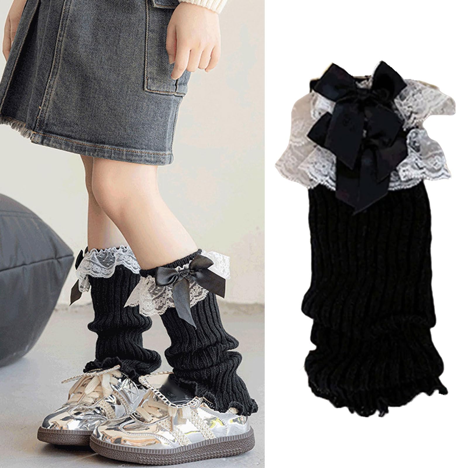 Scaldamuscoli fatti a mano all'uncinetto calzini con fiocco in pizzo per bambina calzini morbidi traspiranti caldi leggings dolci coprigambe