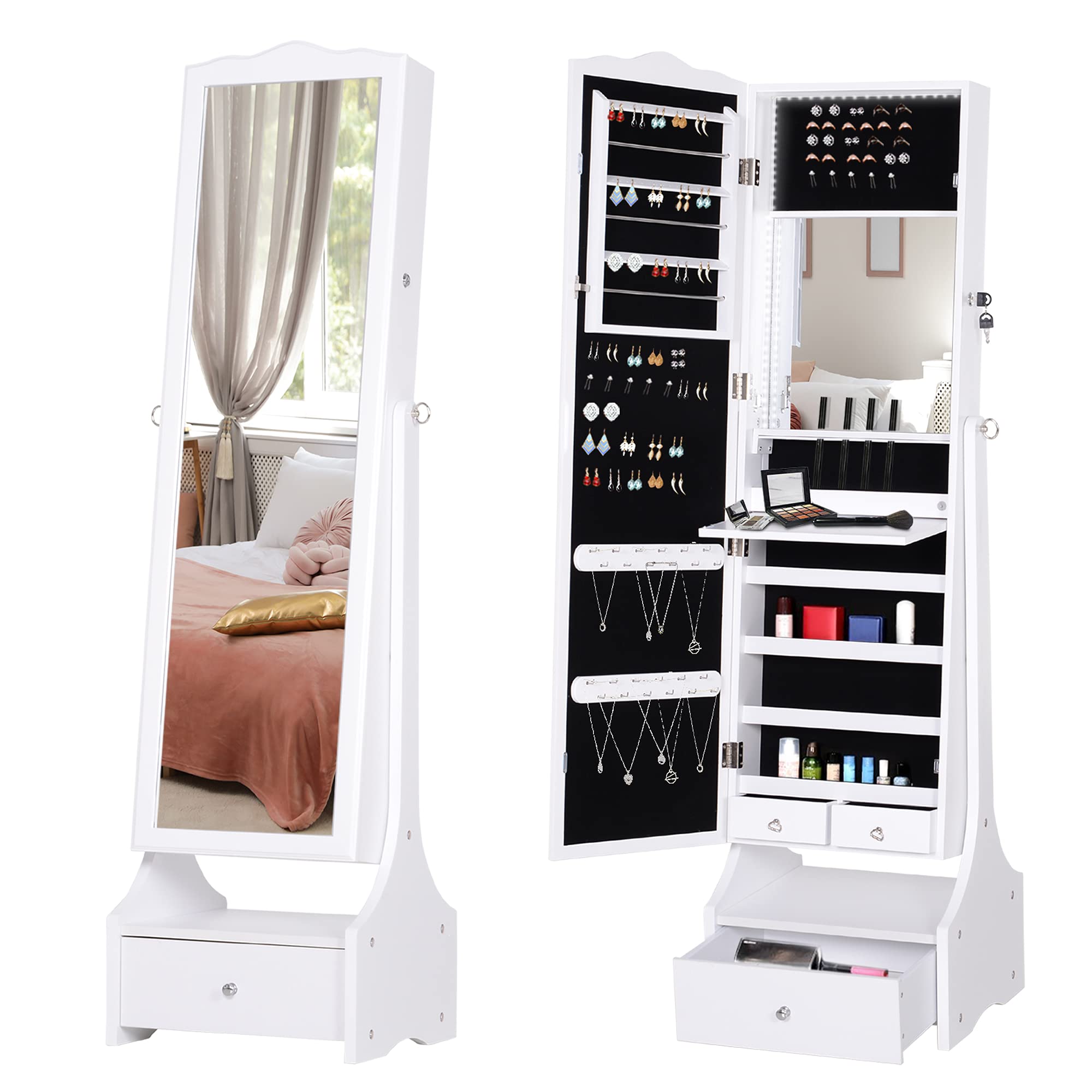 HOMCOM LED Portagioie Armadio per Gioielli con Specchio con Base a Cassettiera cassetto Organizzatore Gioielli e Accessori 45x36x150 cm