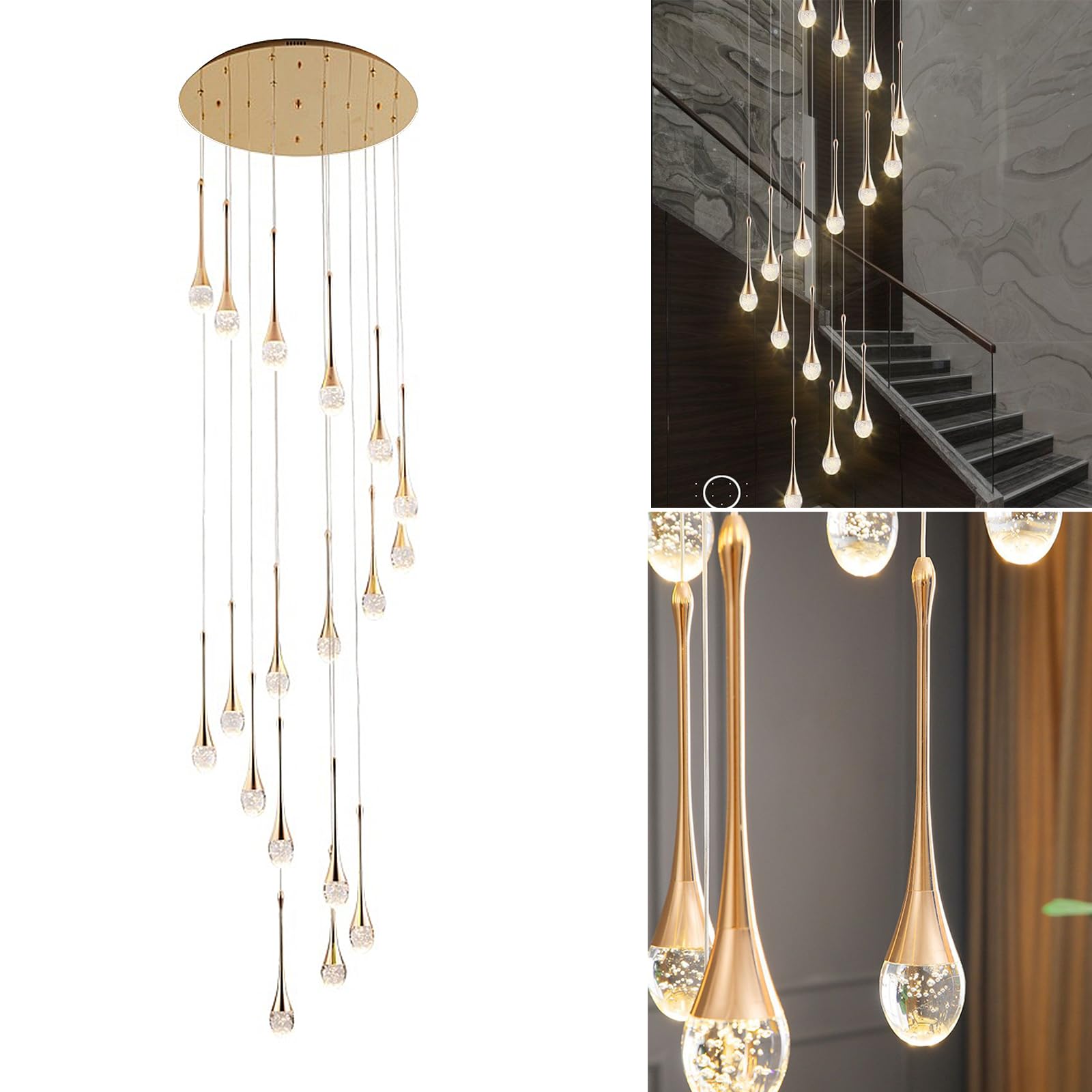 PCXEHUYP Water Drop Long Chandelier Crystal Lights in The Villa Living Room Restaurant Staircase Pendant Lamp Foyer High Ceiling (18head)
