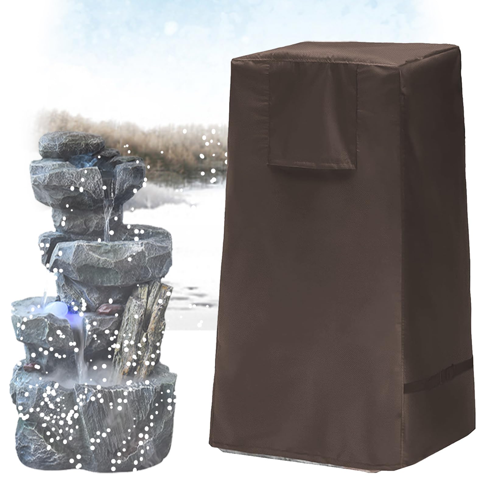 Winter Garden Fountain Covers Waterproof,420D Oxford cloth Cascading Rocks Water Fountain Protective Cover, Rockery Water Fountain Protection Covers with Drawstring(Size:420D:47*47*84cm,Color:Brown)