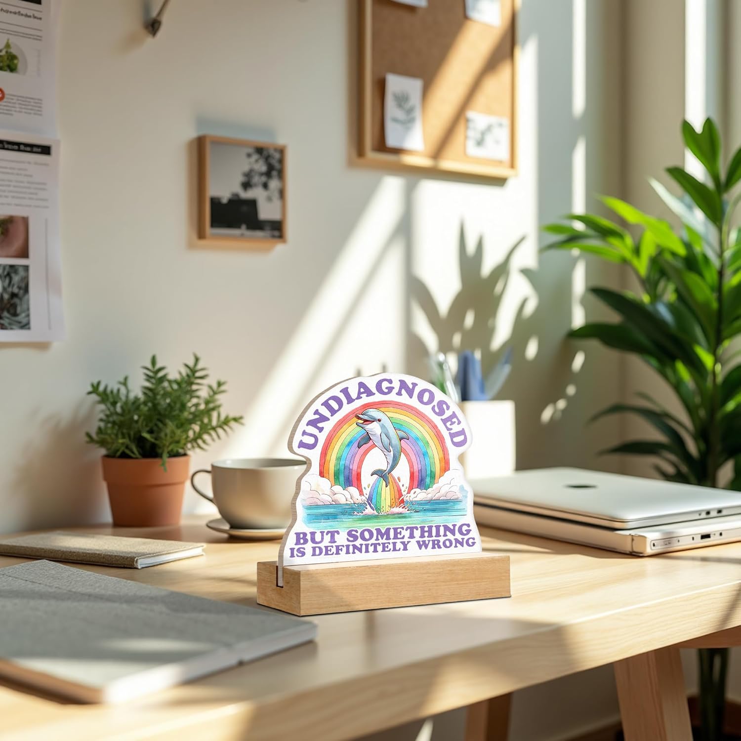 CTYNU Funny Dolphin Desk Decor Sign, Undiagnosed but Something Is Definitely Wrong Dolphin Shaped Wood Sign Plaque with Wooden Stand for Home Office Desk Decor, Funny Mental Health Gift - Image 5
