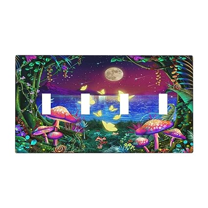 Fantasy Forest Mushroom Butterfly Moon Quad Toggle Light Switch Cover Decorative 4 Gang Wall Plate Covers Electrical Faceplate Switchplate for Bathroom Bedroom Living Room Kidroom Nursery Decor