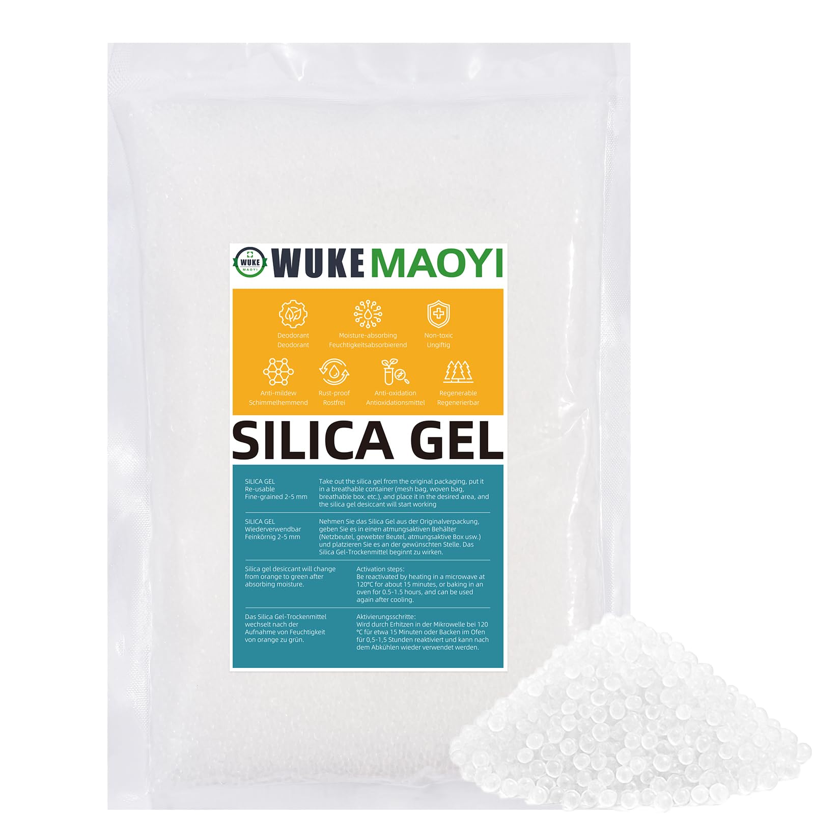 900g Silica Gel Reutilizable, Gel de Sílice, Perlas Desecantes Bolsas Silicagel de Deshumidificador con Indicador de Humedad de Color, Naranja a Verde