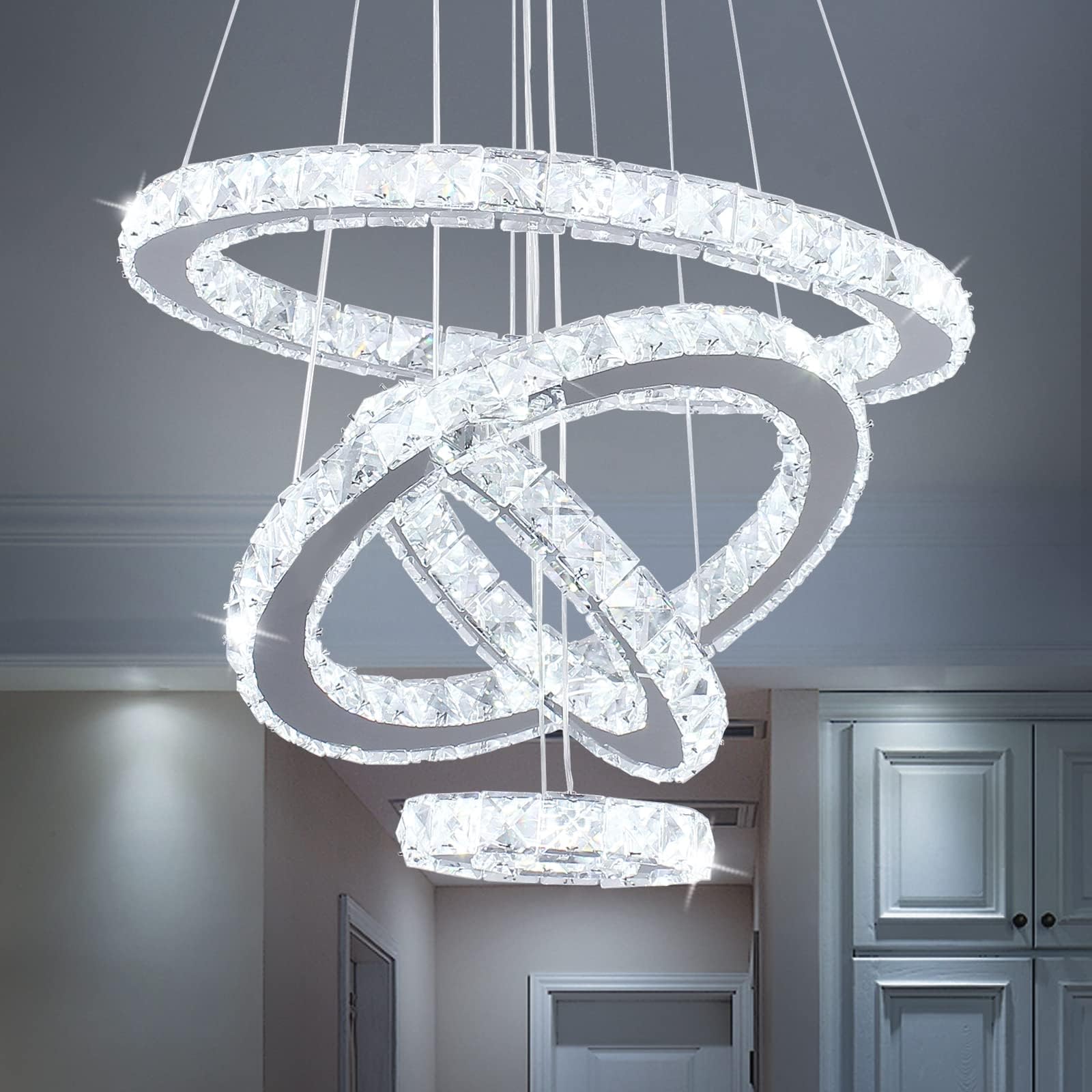 Modern Crystal Chandeliers LED 4 Rings Pendant Light Adjustable Stainless Steel Ceiling Light Fixture for Living Room Dining Room Bedroom (Cool White,Non-dimmable)