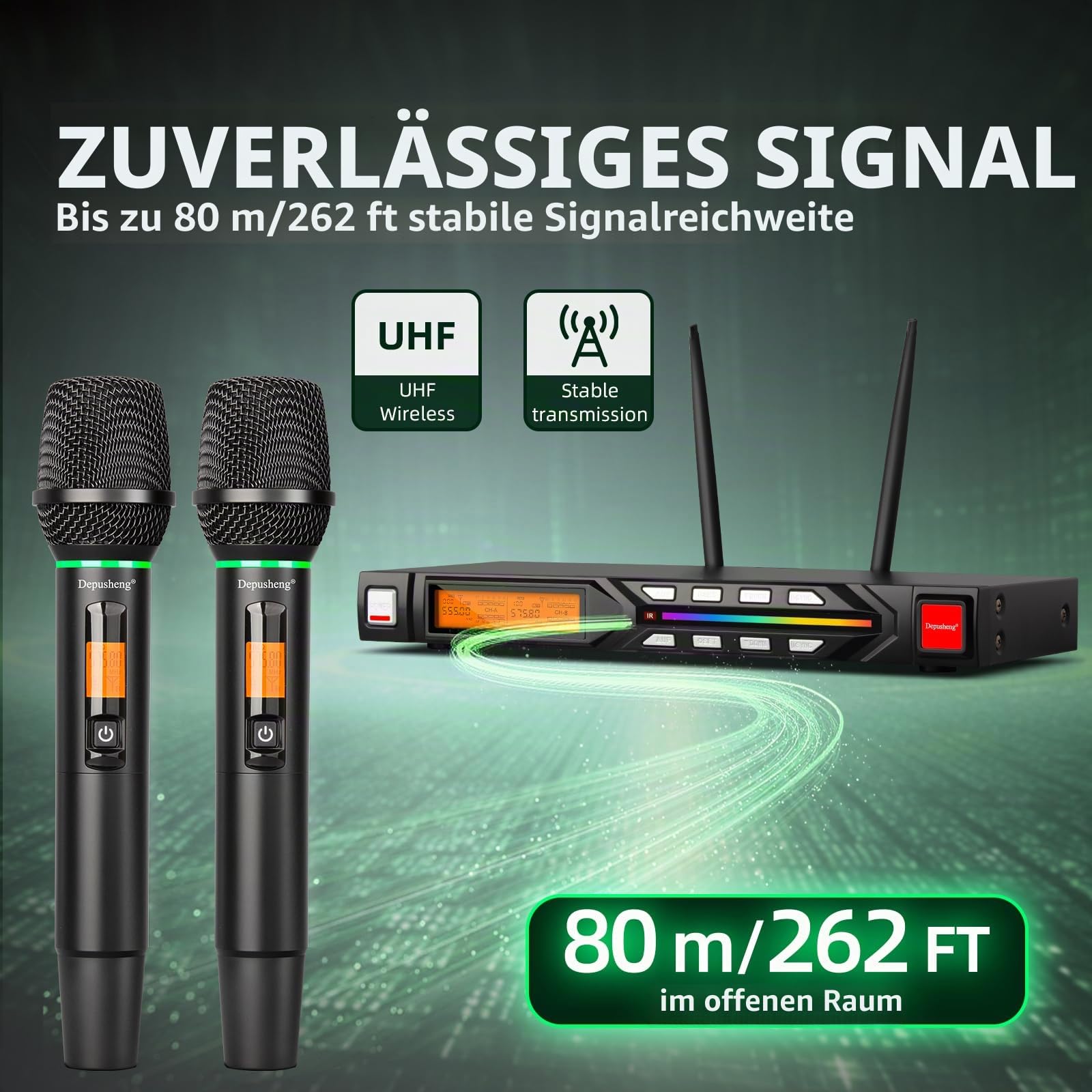Depusheng R7 Mikrofon Kabellos Set Mit Zwei dynamischen Handmikrofonen und empfängern mit Einer Empfangsreichweite von 80 Metern geliefert, für Karaoke Gesang Party Bühne