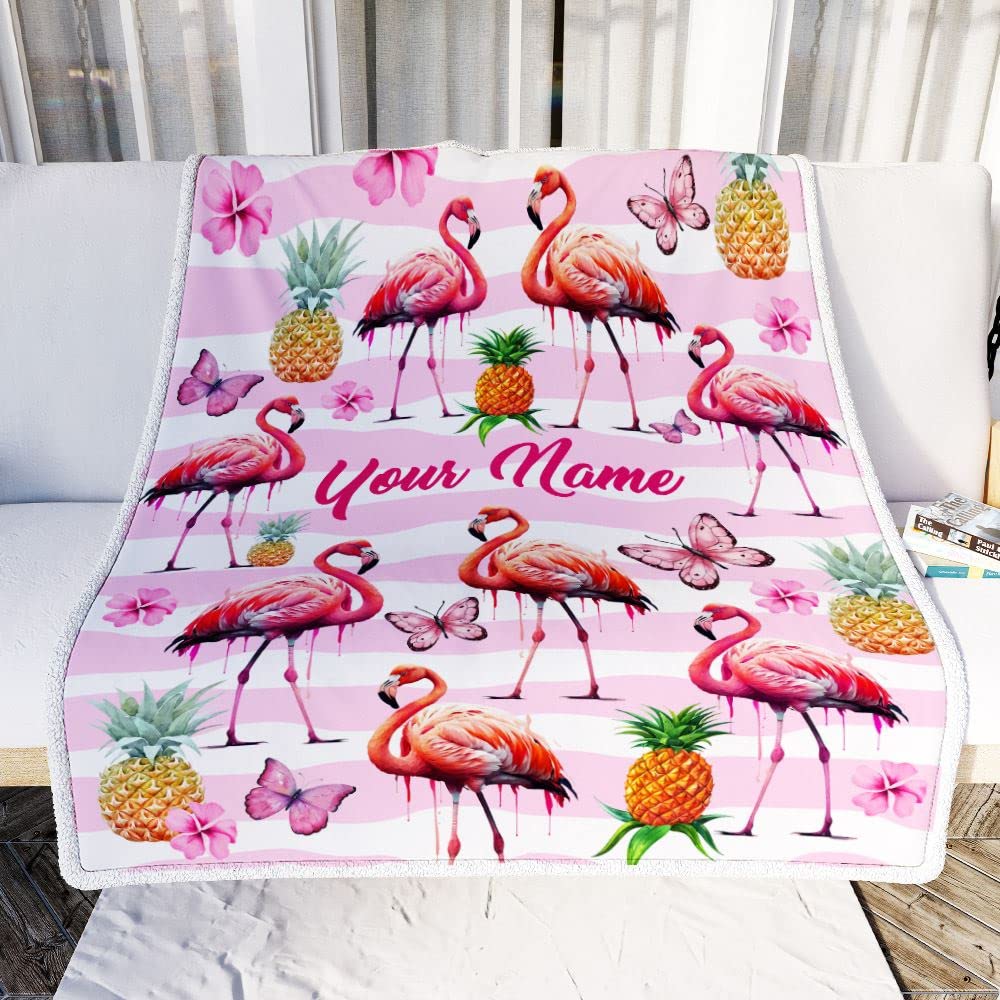 TeesNow Personalized Flamingo Blanket Custom with Name Floral Pineapple Newborn Baby Girl Flamingo Daughter Granddaughter Niece Birthday Christmas Fleece Blanket (30 x 40 in Baby Size)