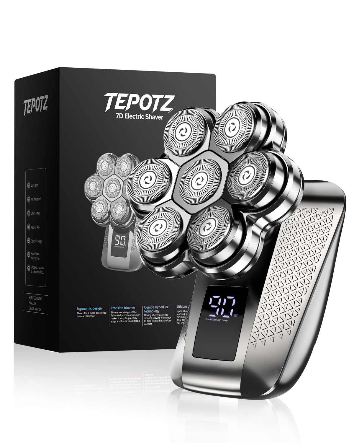7D Head Shavers for Bald Men, IPX7 Waterproof Wet or Dry Ues, Electric Razor for Men, 5-in-1 Detachable Head Shaver, Grooming Kit, LED Display/Type-C Charge, Travel Lock-Steel Gray