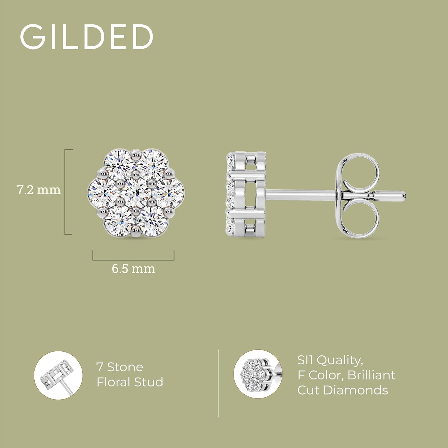 Gilded Lab-Grown Diamond 7 Stone Flower Earrings for Women in 925 Sterling Silver and 14KT Yellow Gold Plated Silver | Hypoallergenic Fine Jewelry | Hinged Closure | SI1 Clarity, F Color |1/4,1/2, 1,2 Carat Total Weight - Image 4