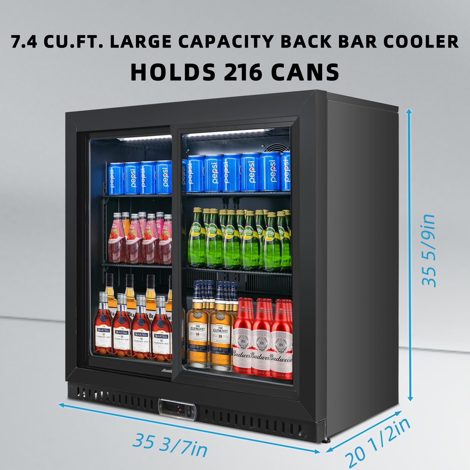 Bluelinecool Back Bar Cooler with 2 Glass Sliding Doors, 7.4 cu.ft Under Counter Beverage Refrigerator, Mini Fridge Cooler with LED Lighting for Soda Drinks, Beer, Wine