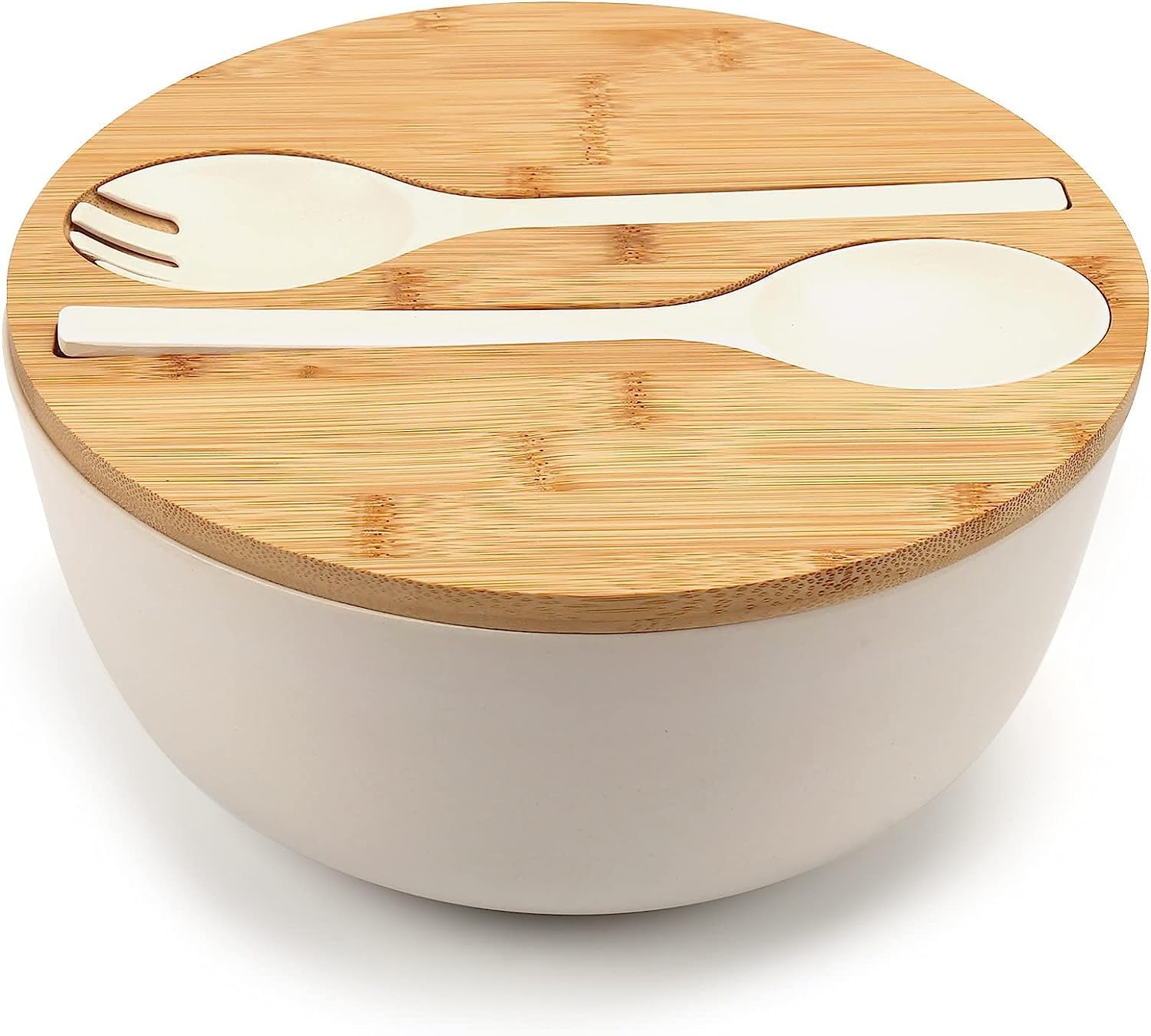 AOHRYME Salad Bowls, Large Salad Bowl with Lid and Servers, Bamboo Salad Bowl Set with 4Pack Small Serving Bowls, 9.8inches Solid Wooden Bowl for Salad, Fruits, Vegetables (White)