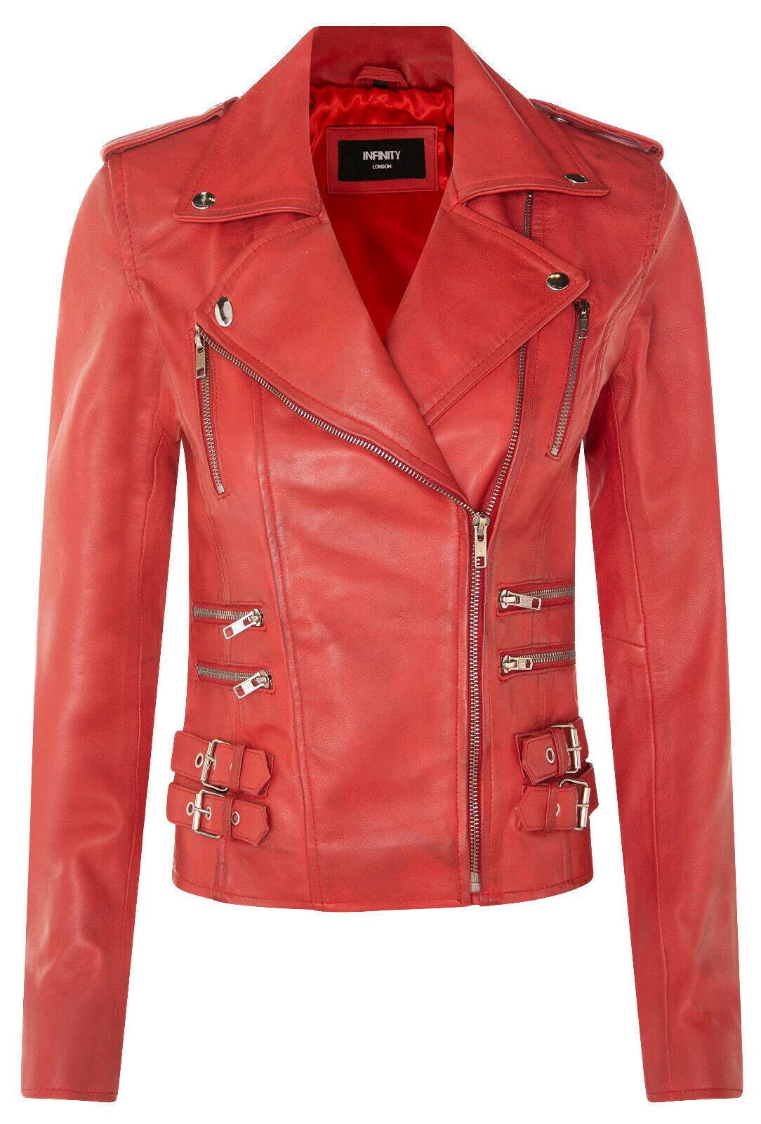 Ladies Retro Red 100% Nappa Leather Biker Jacket S