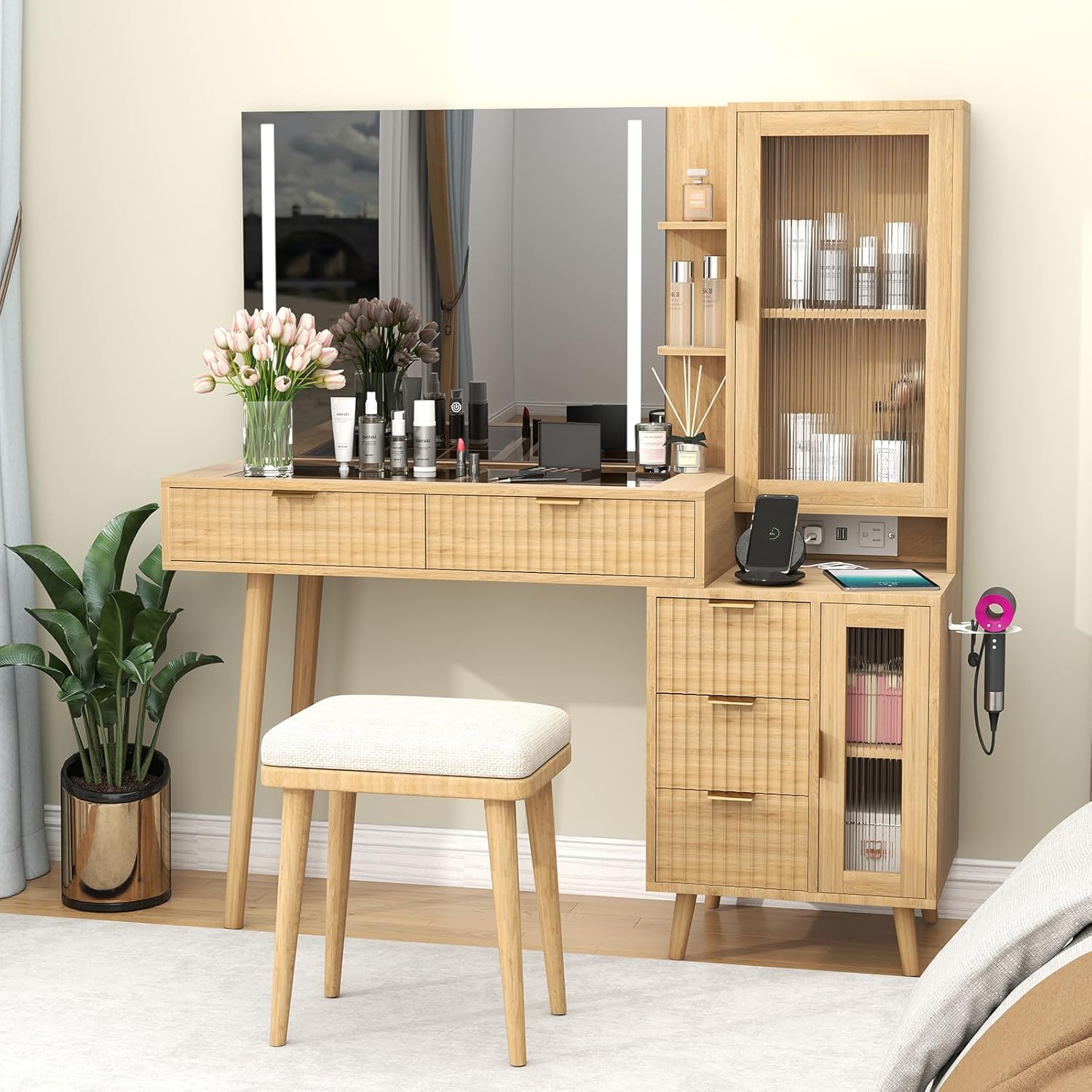 Vanity Desk with Mirror and Lights, Makeup Vanity Table with 5 Drawers & 2 Glass Cabinets, Transparent Tabletop, Power Outlet, Makeup Dressing Table for Bedroom Dressing Room