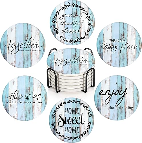 Britimes Juego de 6 posavasos para bebidas, color azul y blanco antiguo, mesa de madera redonda, absorbente, con base de corcho y soporte de metal,