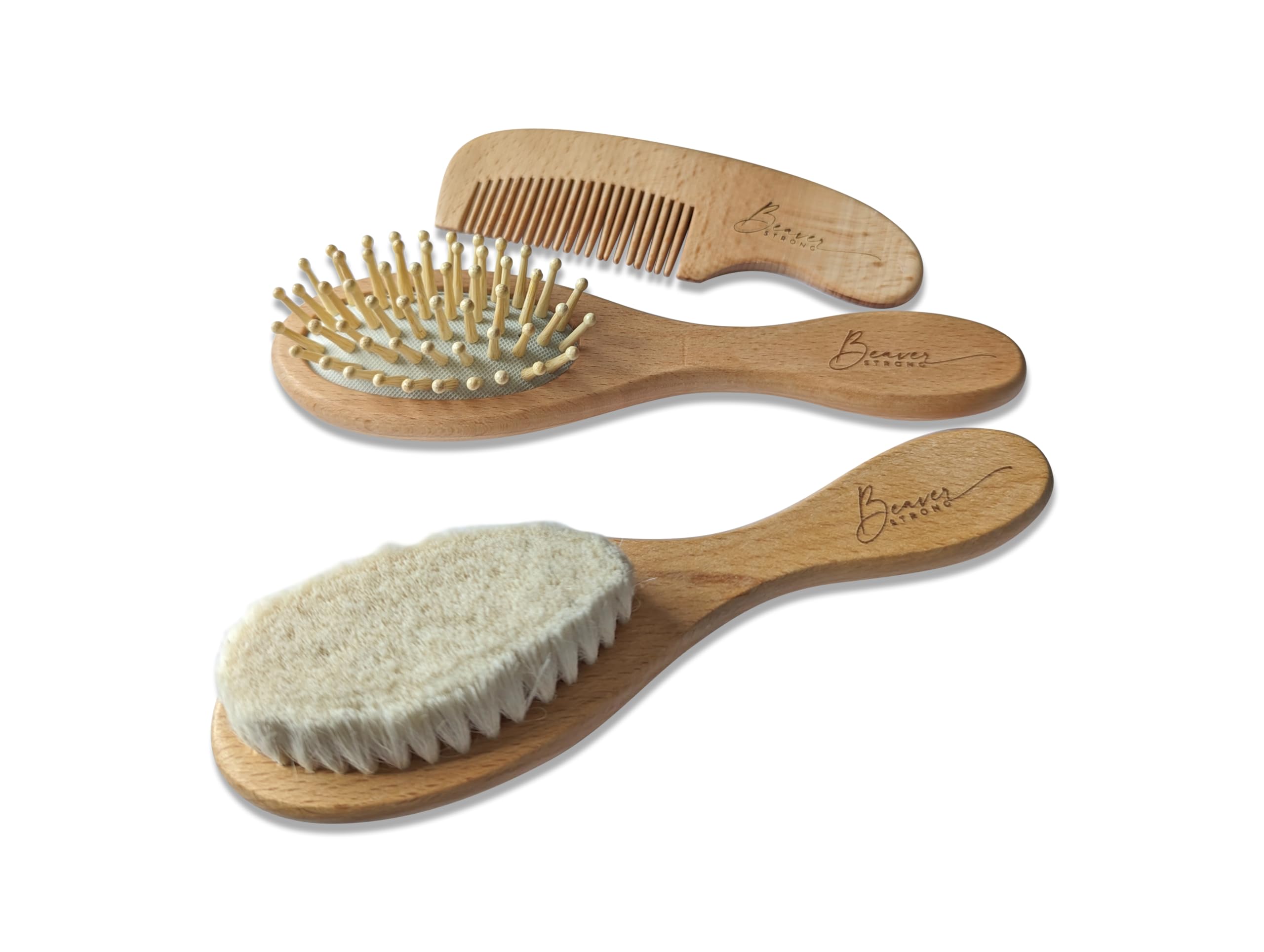 Gentle Care Wooden Baby Hair Brush and Comb Set by BeaverStrong - 2 Brushes and 1 Comb for Newborns - Soft Bristles, Safe and Natural - Perfect for Delicate Infant Hair and Scalp