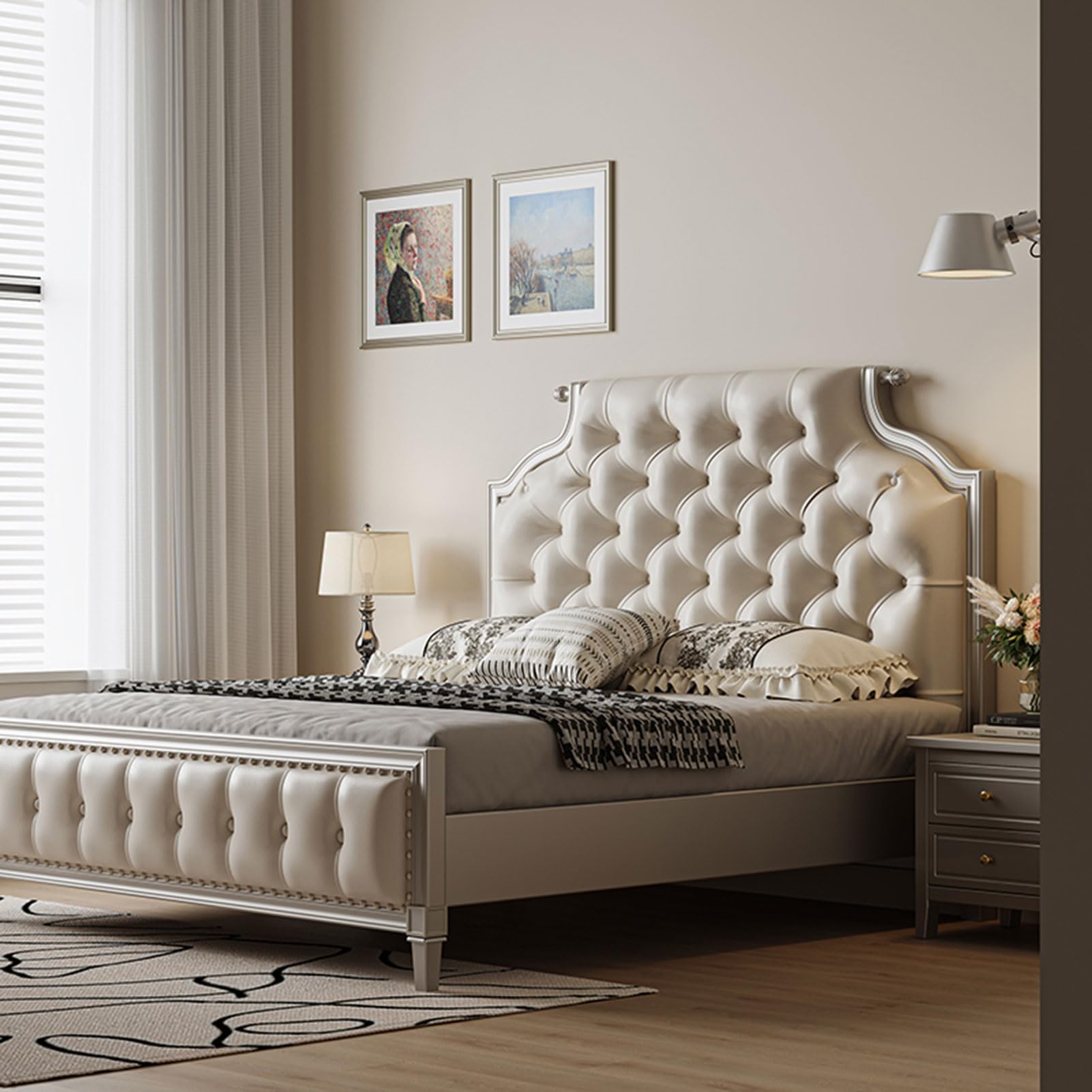 Mid-Century King Size Genuine Leather Wood Bed Upholstered Platform Bed Frame with Wingback Headboard and Lift Up Storage