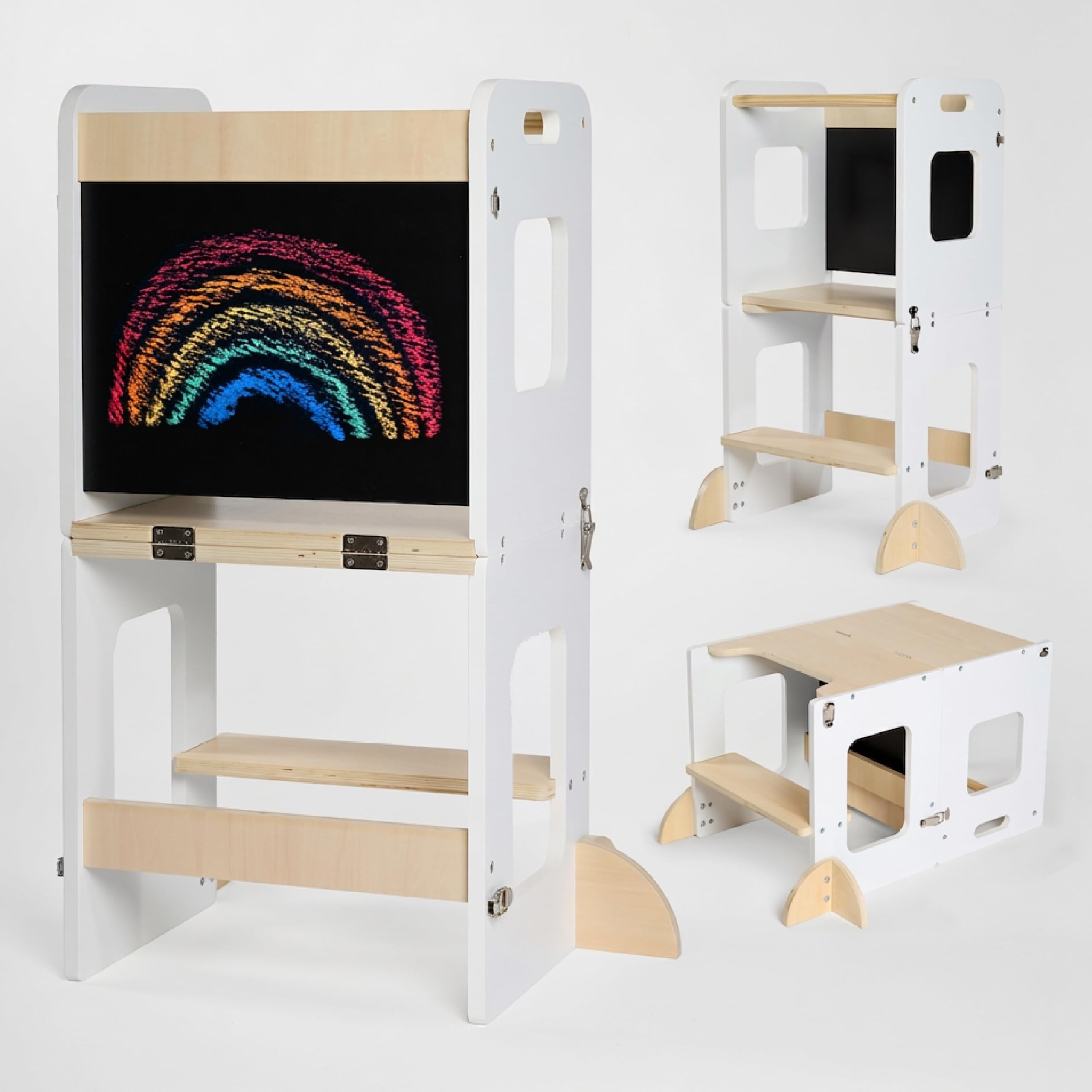 KYWAI Lernturm ab 1 Jahr Klappbar mit Tafel – 3-in-1 Montessori Learning Tower, Tisch & Stuhl – Höhenverstellbar, Kippsicher, Birkensperrholz – Lernturm Kinder Küche bis 75 kg