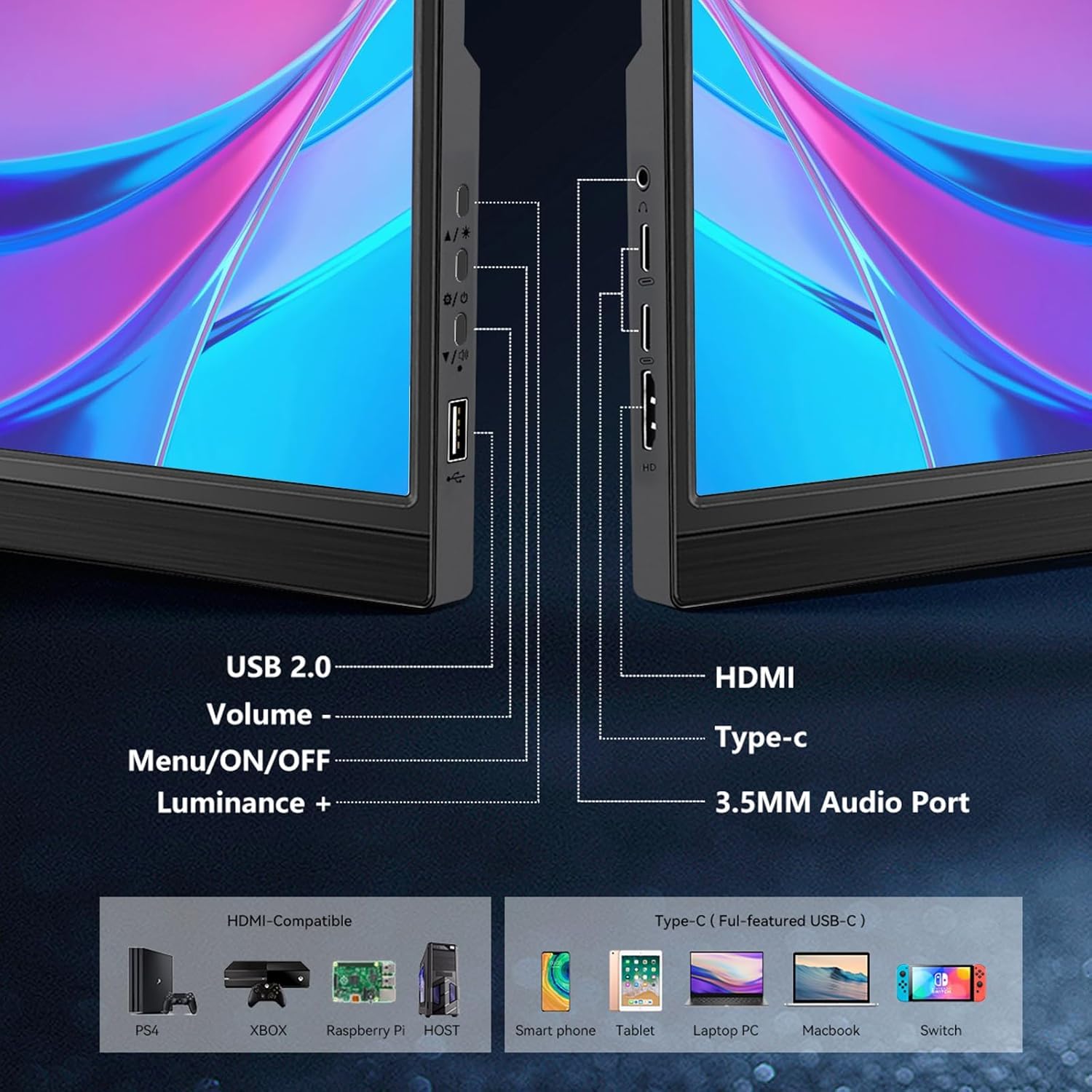 Tragbarer Monitor Touchscreen 14 Zoll FHD 1080P IPS, 10-Punkt-Touch, mit Typ C HDMI-Anschluss und Lautsprecher, versteckter LCD-Display-Stand, zweiter externer Monitor für Laptop Desktop-Telefon - 4