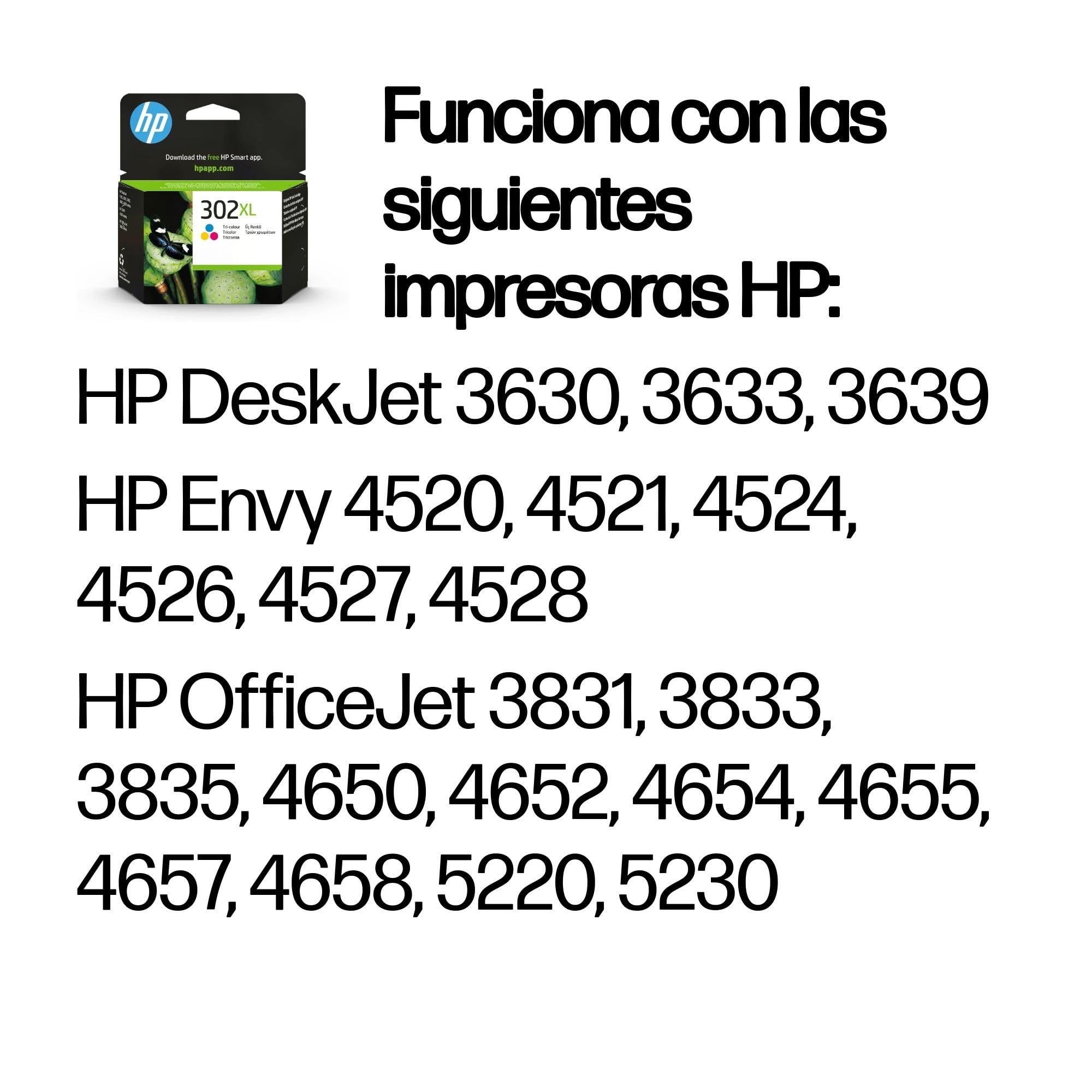 HP 302XL F6U67AE, Tricolor, Cartucho de Tinta de Alta Capacidad Original, Compatible con impresoras de inyección de Tinta DeskJet 1110,2130,3630; Envy 4520; OfficeJet 3830,4650,5220,5230
