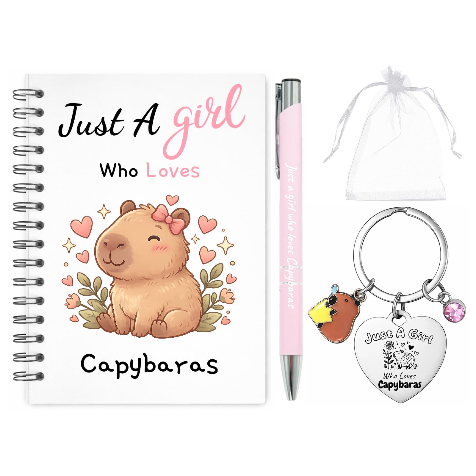 PUQGAOIP Capybara Gifts, Capybara Stationery 4 Piece Gift Set With A5 Notebook Ballpoint Pen Pouch And Capybara Keyring, Cute Gifts For Girls Birthday School Rewards And Party Favours
