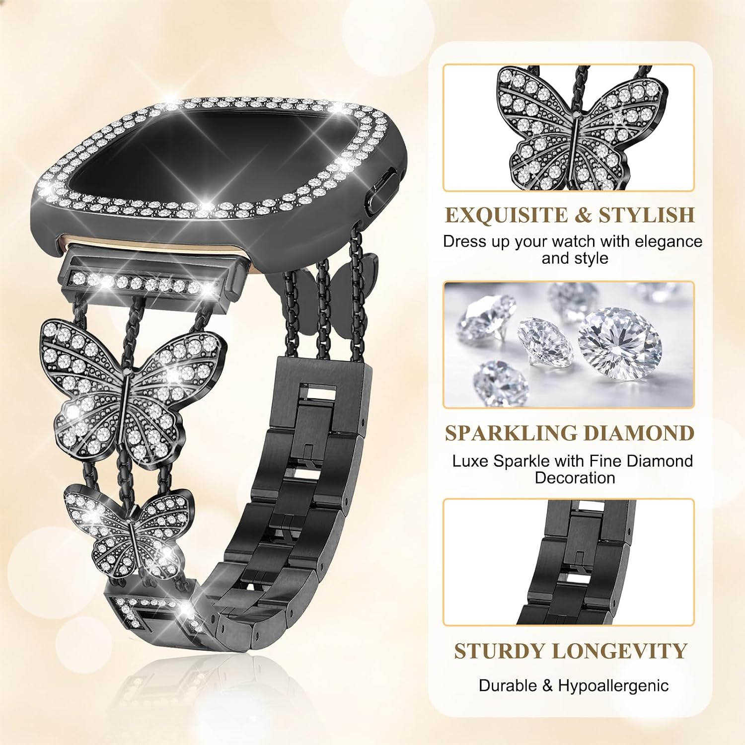 Bling Band, Compatible for Fitbit Versa 4/Sense 2 With Diamond Case, Stylish Four-clover Worn Daily Women Adjustable Strap for Fitbit Smartwatch image 5