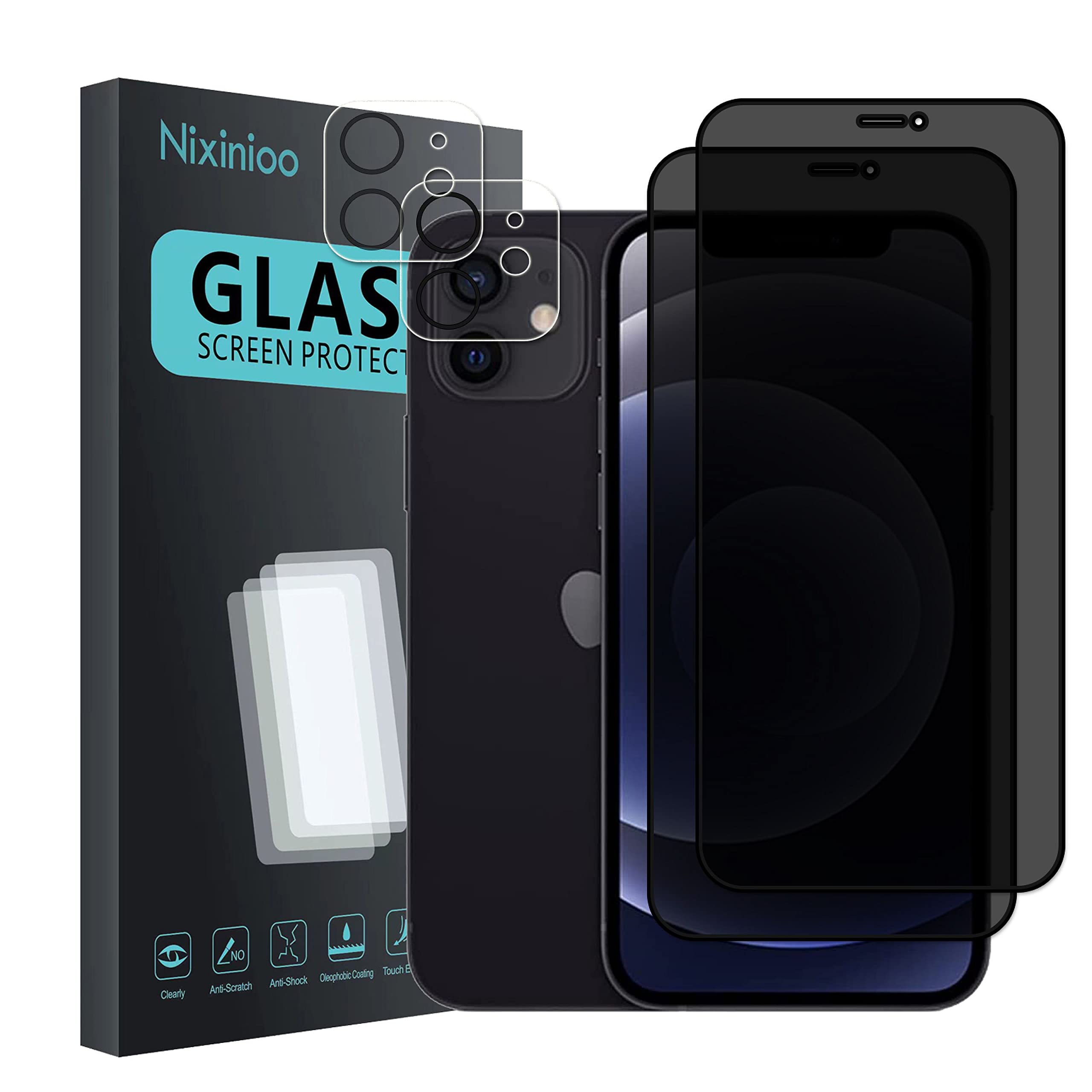 Nixinioo [2+2Pezzi] Anti Spy Pellicola Protettiva in Vetro Temperato per iPhone 12 Mini, 2Pezzi Vetro AntiSpy Protettivo 2 Pezzi Cover Protezione Pellicola Vetro Fotocamera