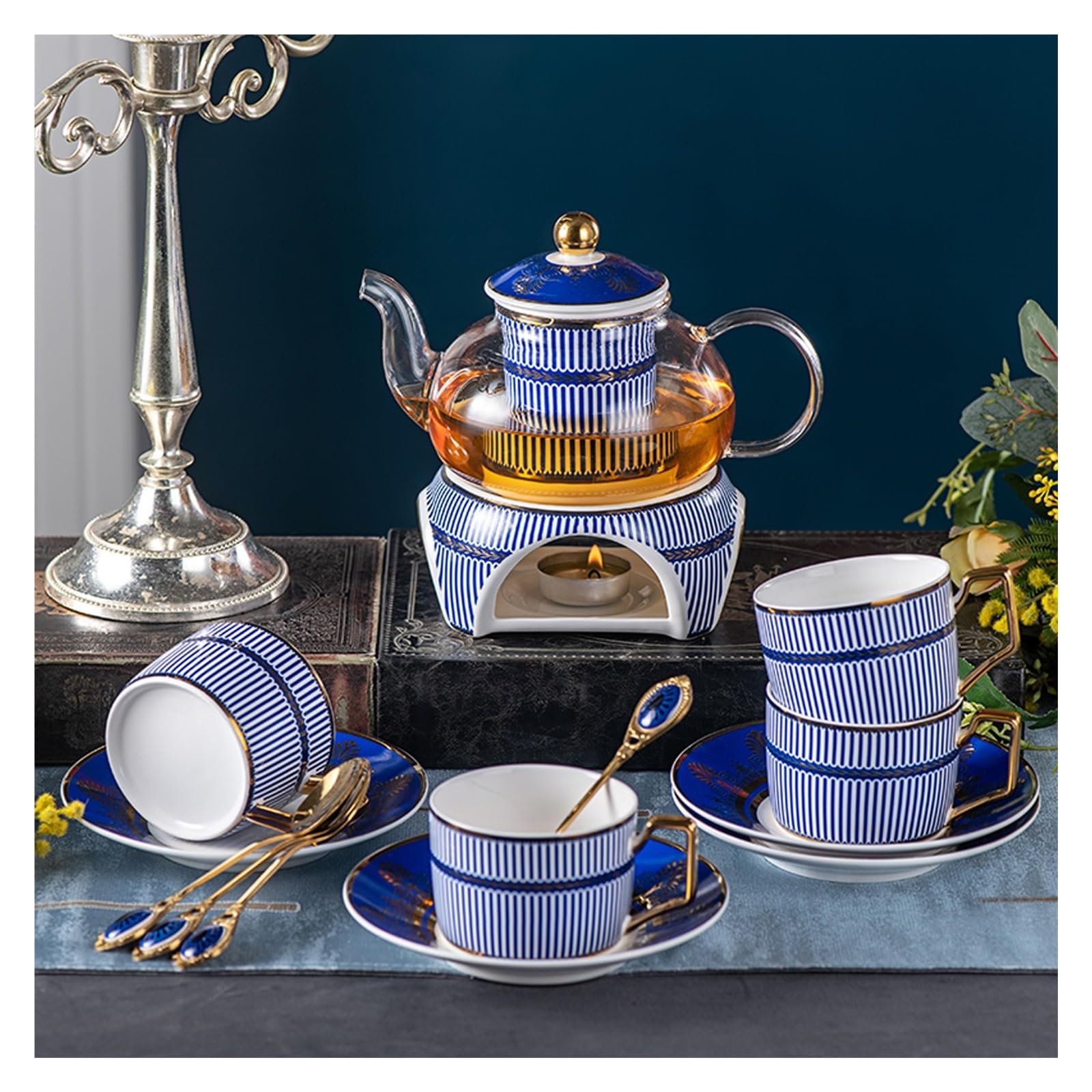 Sjdopulse Women's Fine Bone China Tea Set, Flower Tea Fruit Teas Afternoon Tea Porcelain Sets With Glass Teapot And Warmer, Gifts For Tea Lover (10)