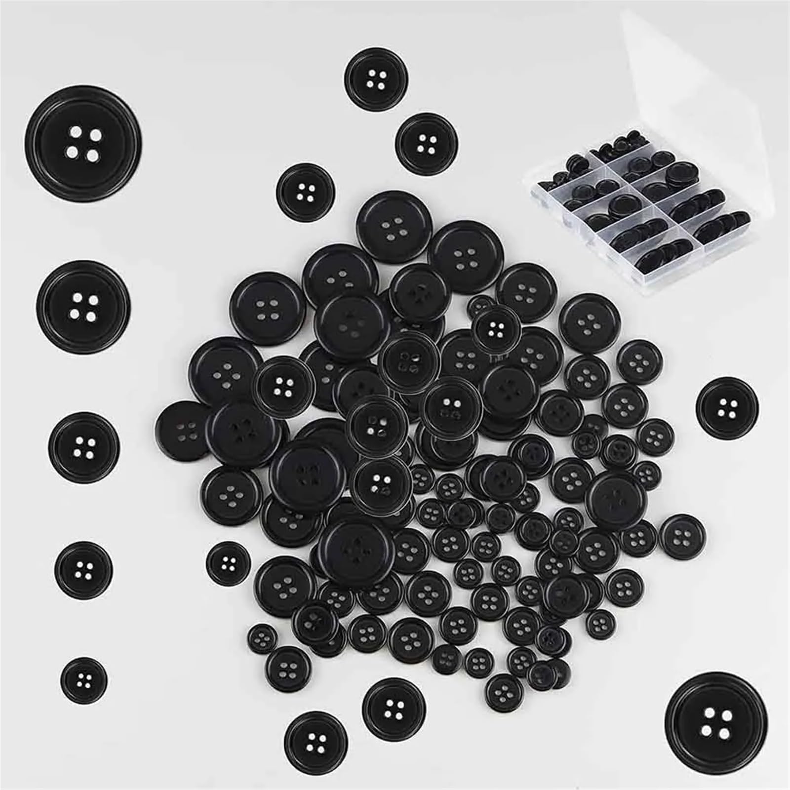 Knöpfe, 100 Kunstharz-Nähknöpfe, mehrfarbig, mehrere Größen, 4 Löcher, rund, for Kleidungsstücke, DIY-Handwerk(Black)