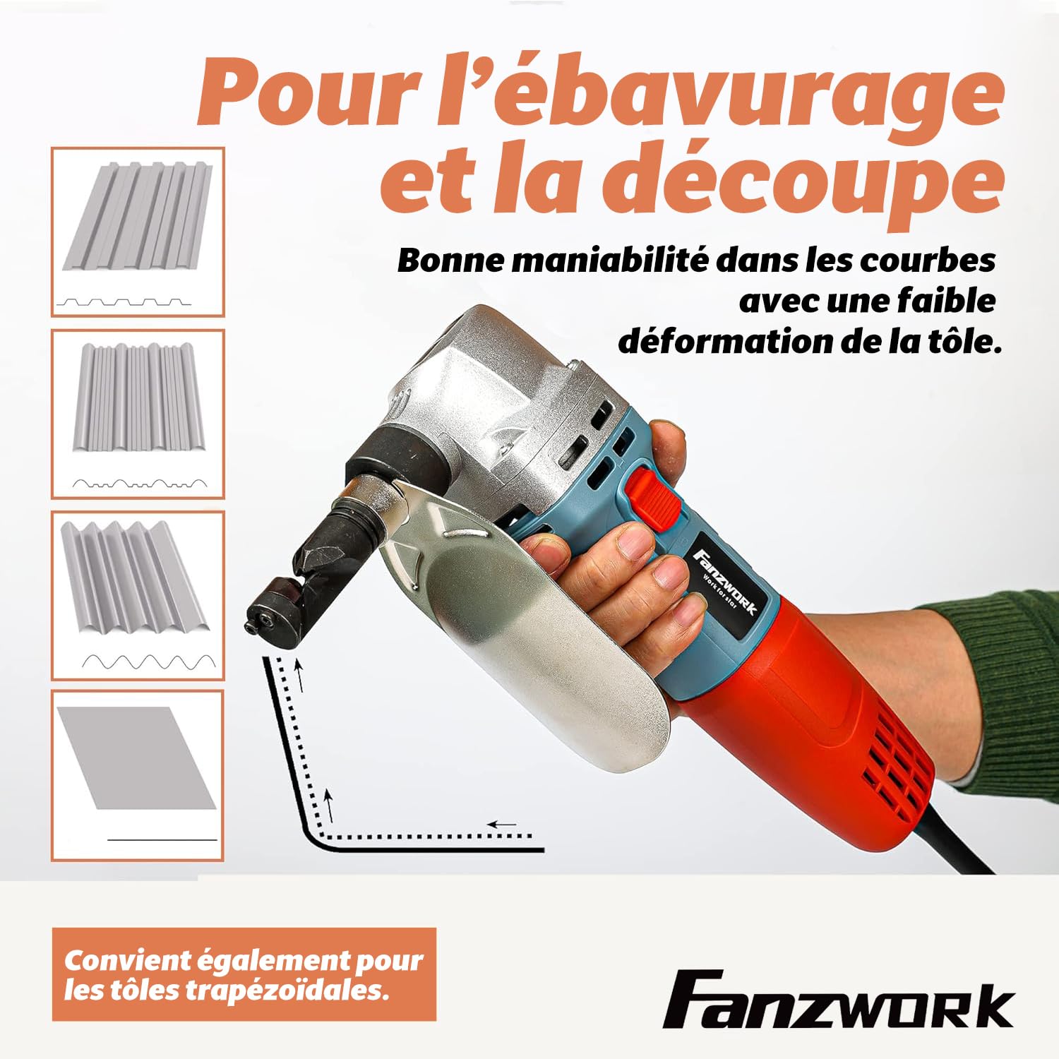 FANZWORK Grignoteuse électrique pour Tôle et Plastique 600W, avec Boîte à Outils et 2 Goupilles Cannelées, 2000 tr/min max, Tête de Coupe Orientable à 360°, Outil de Découpe du Métal