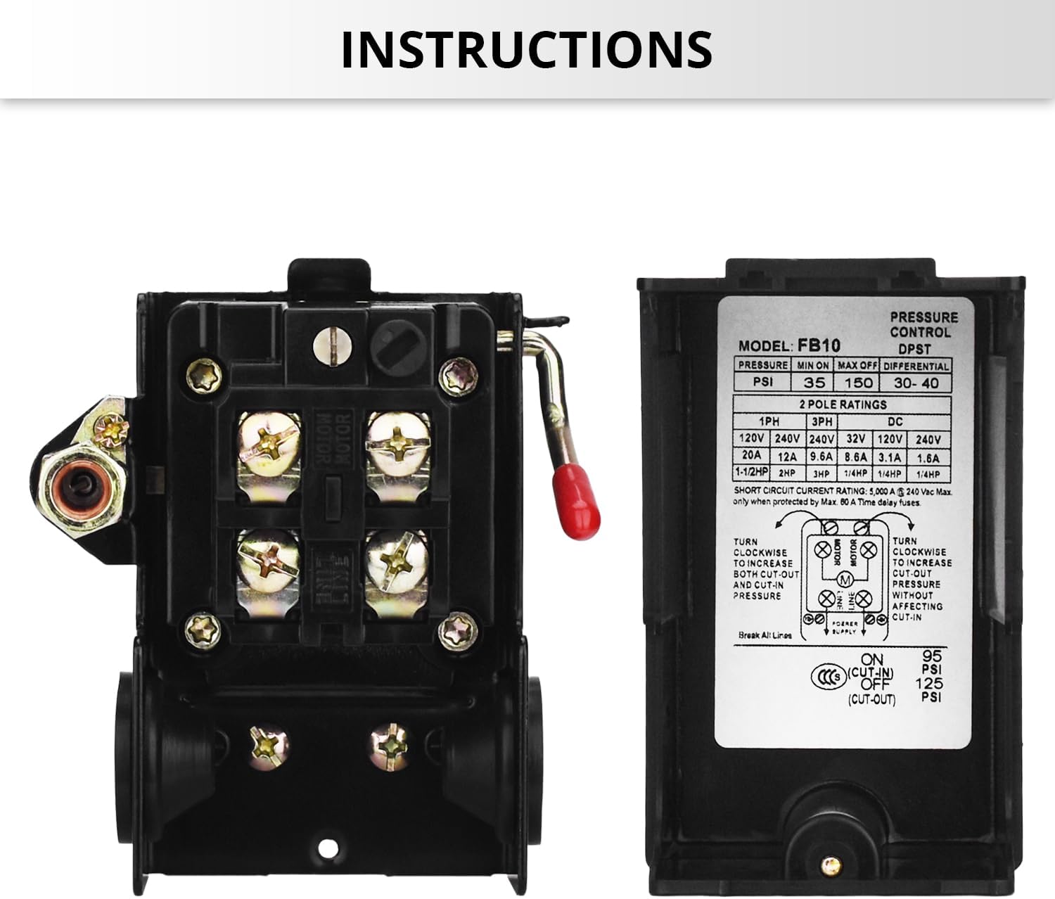 Universal Air Compressor Pressure Switch Control Valve (90-120 PSI, 110V-240V) with 0-180 PSI Regulator and Safety Pressure Relief Valve - 4 Way Replacement Part (110V-240V-B7)