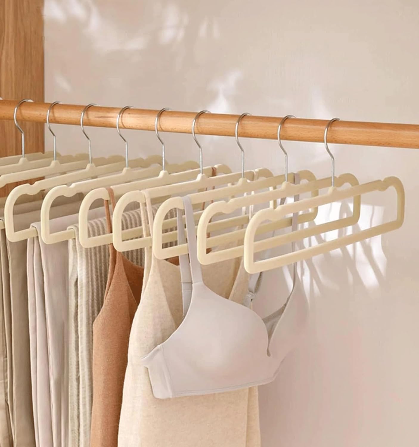 YANHLK Velvet Pants Hanger, Space Saving Thin Hanger, Sturdy, Durable and Non Slip, Suitable for Wardrobes, Shirts, Bras, Shorts, 360 ° Rotating Hook(Off White,10PCS)
