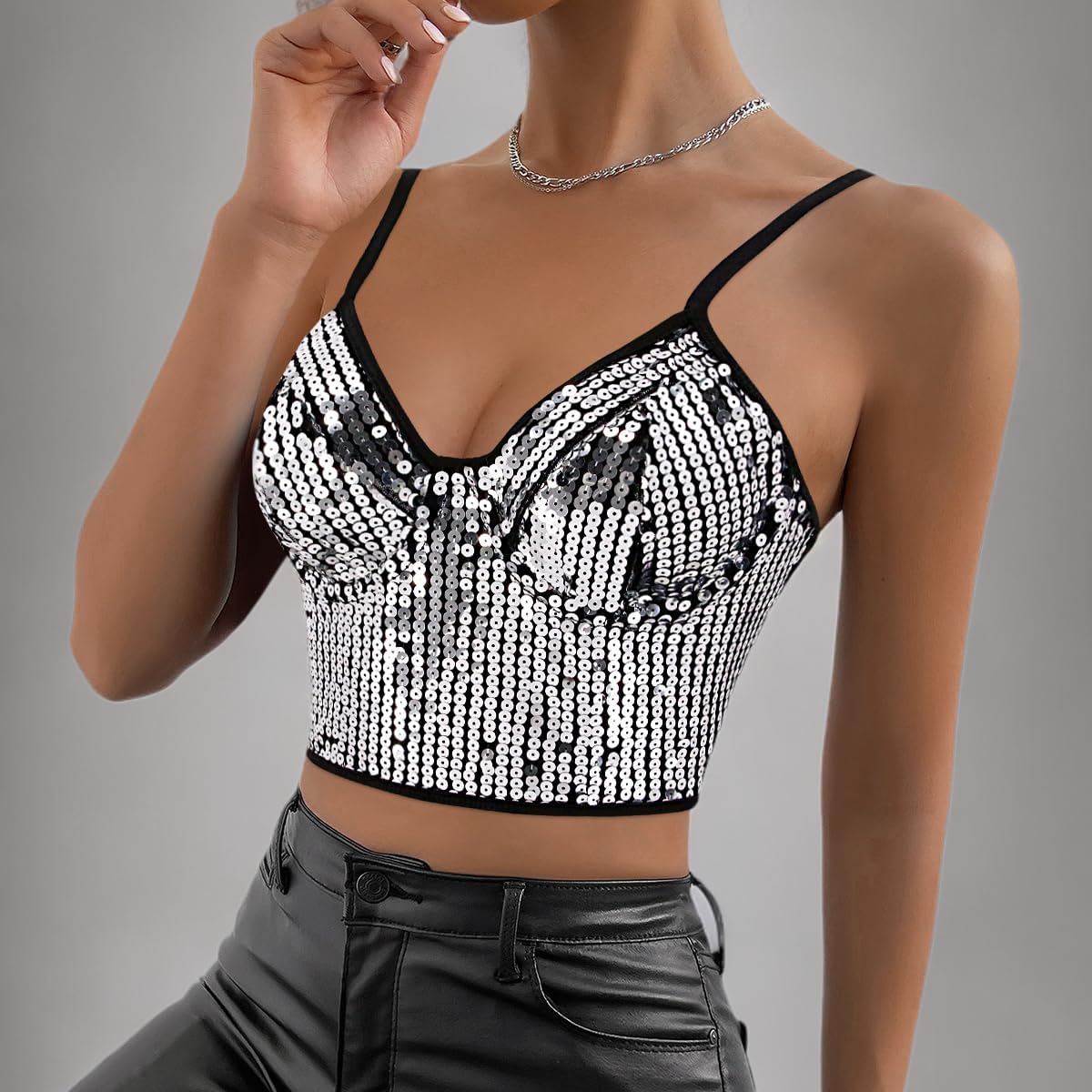 Canottiera da donna riflettente metallizzata, bustier con spalline sottili crop top aderente senza maniche a tubo, camicetta, Paillettes Nero, M