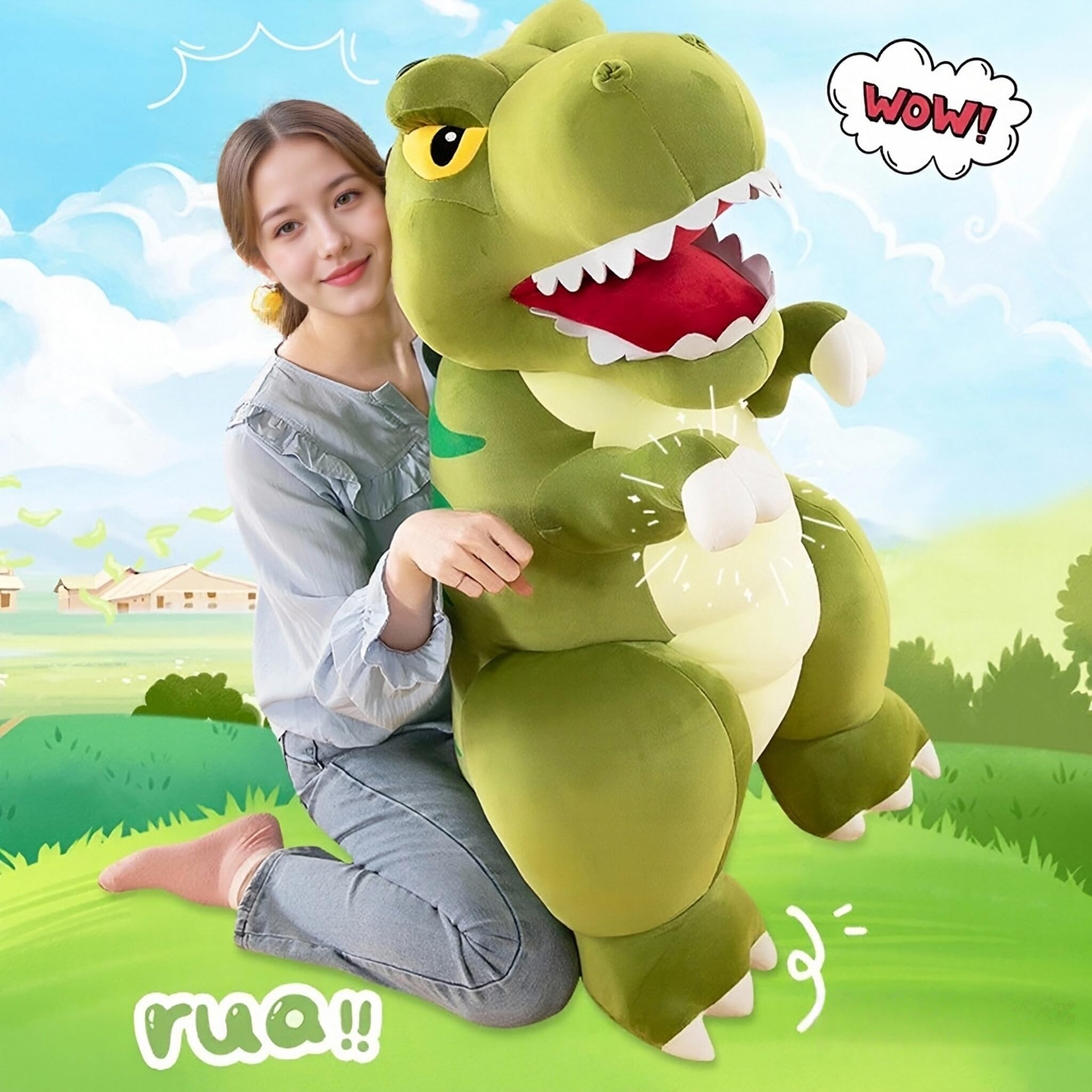 XXL Dinosaurier Plüschtier – Großes Kuscheltier Dino, Weiches Stofftier zum Umarmen, Riesiges Plüschtier für Kinder, Geschenk für Jungen und Mädchen (80CM,Grün)