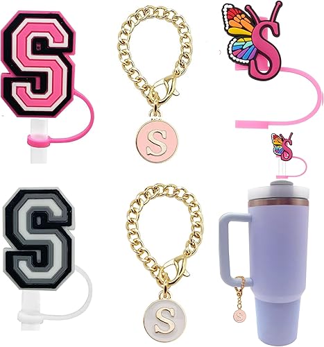 Miniatura 7 de (3+2) 3 fundas de popote para copa Stanley de 30 y 40 onzas, 0.394 in, con 2 accesorios de copa Stanley, dijes de letras con nombre de