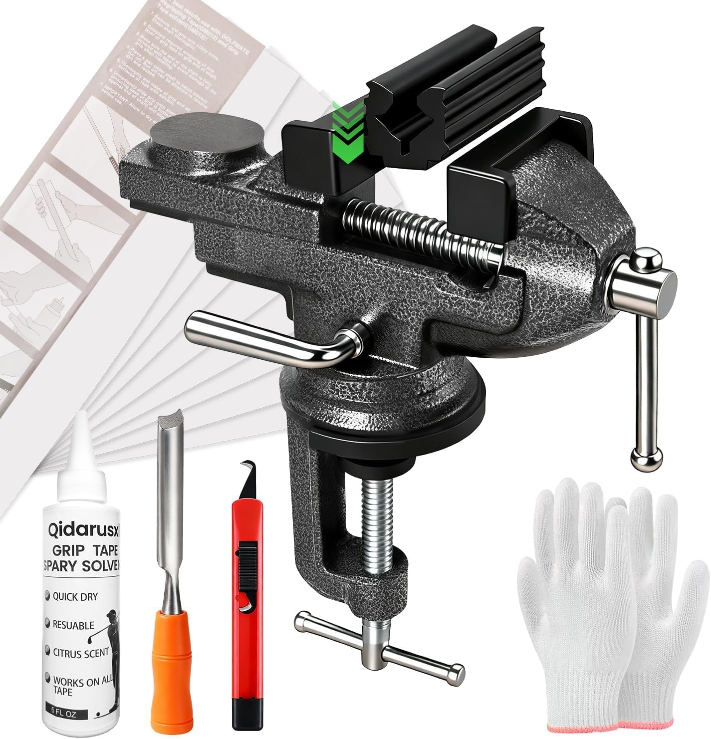 Golf Grip Kit for Regripping Golf Clubs – All-in-One Golf Regripping Kit with Portable Table Vise Rubber Clamp, Hook Blade, Grip Tape, Solvent & Tools – Golf Grip Replacement Kit
