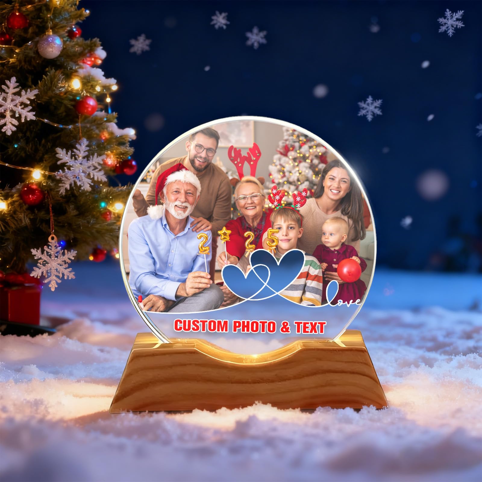 Personalized Photo Snow Globe, Customized Christmas Snow Globe with Photo Text LED Light Base, Christmas Decorations Gifts for Parents Family Friend (Customized photo text 2)